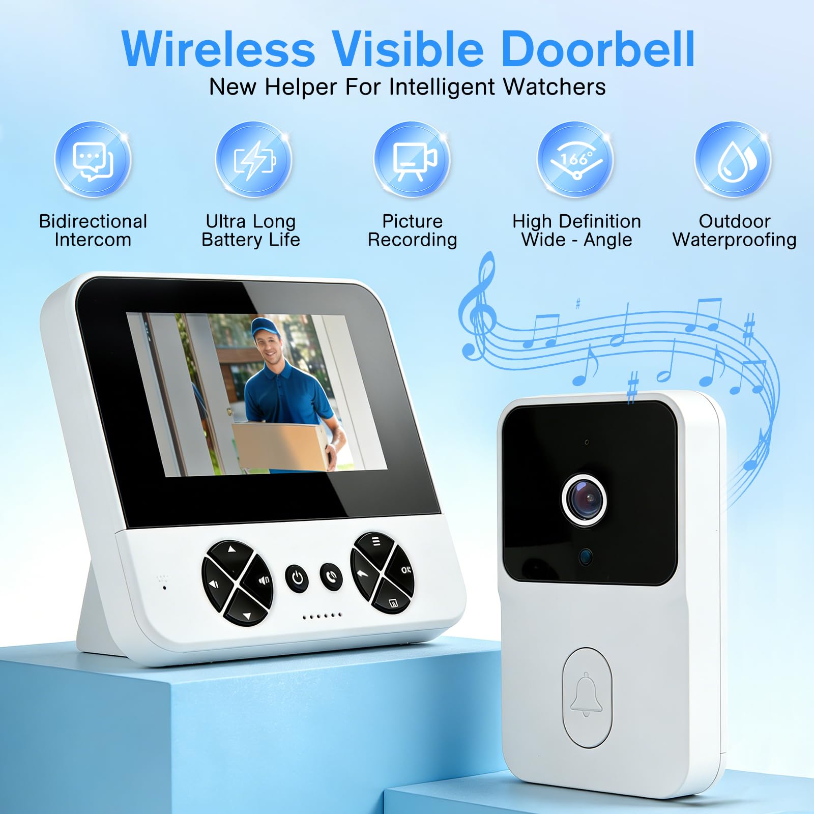 Timbre de vídeo inalámbrico al aire libre con cámara IP65 impermeable 1080P HD - Pantalla IPS de 4,3 pulgadas Portero Vídeo - Visión Nocturna Infrarroja y Audio Bidireccional - Timbre inalámbrico con