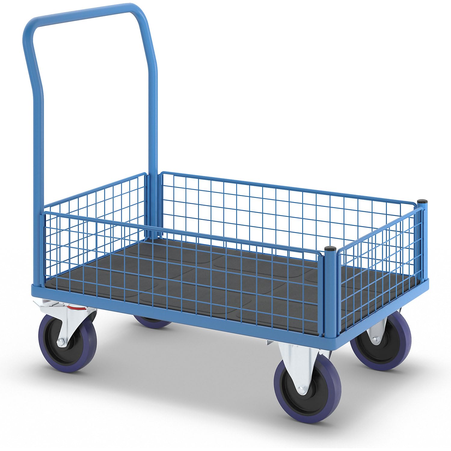 eurokraft pro | Plattformwagen mit Gitterwänden | Vollelastik-Rollen, 4 halbhohe Gitter, LxB 1000 x 650 mm