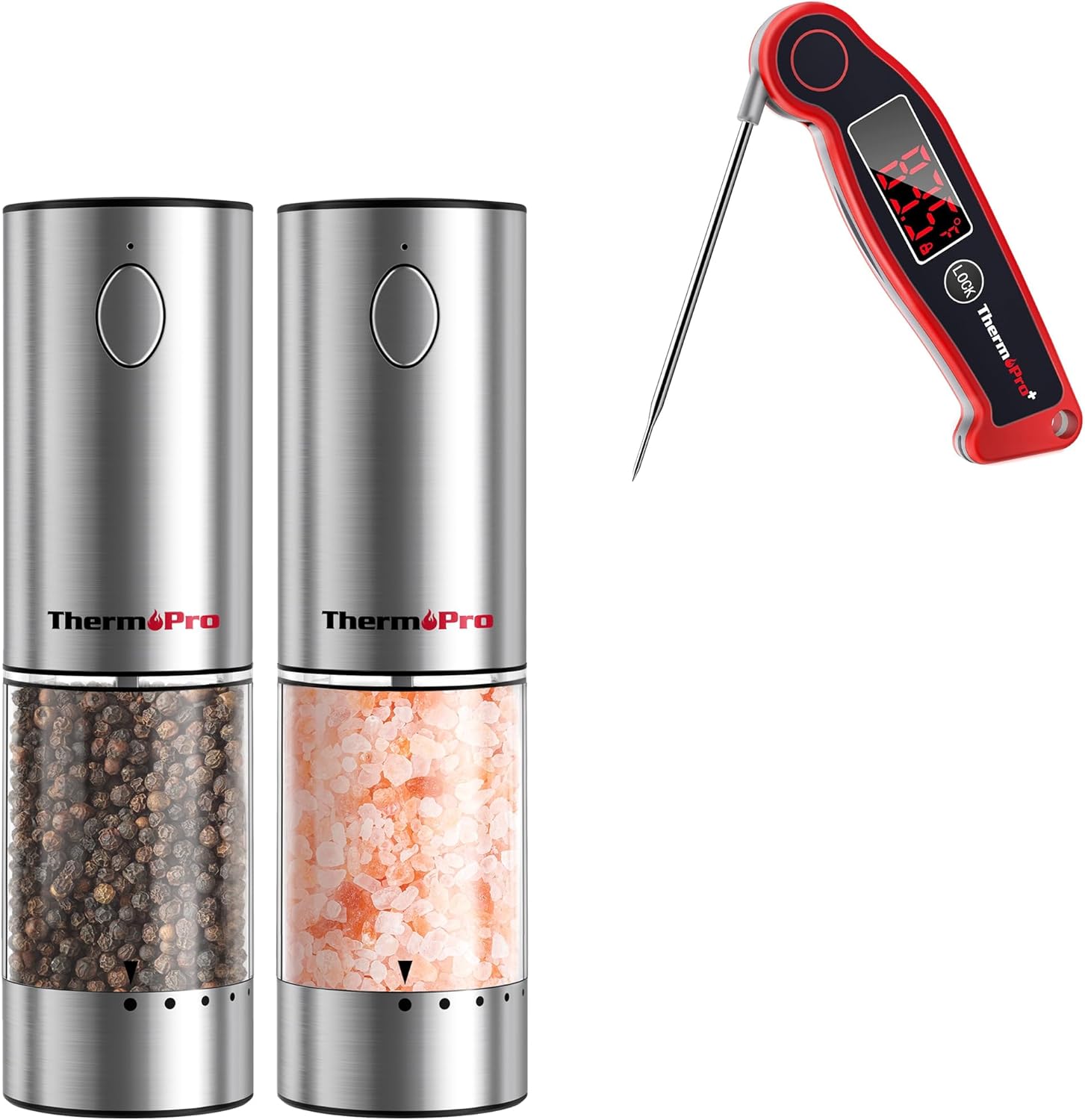 ThermoPro TP19 Waterproof Digital Meat Thermometer for Grilling Plus ThermoPro Upgraded Larger Capacity Electric Salt and Pepper Grinder Set, Rechargeable Salt and Pepper Shakers