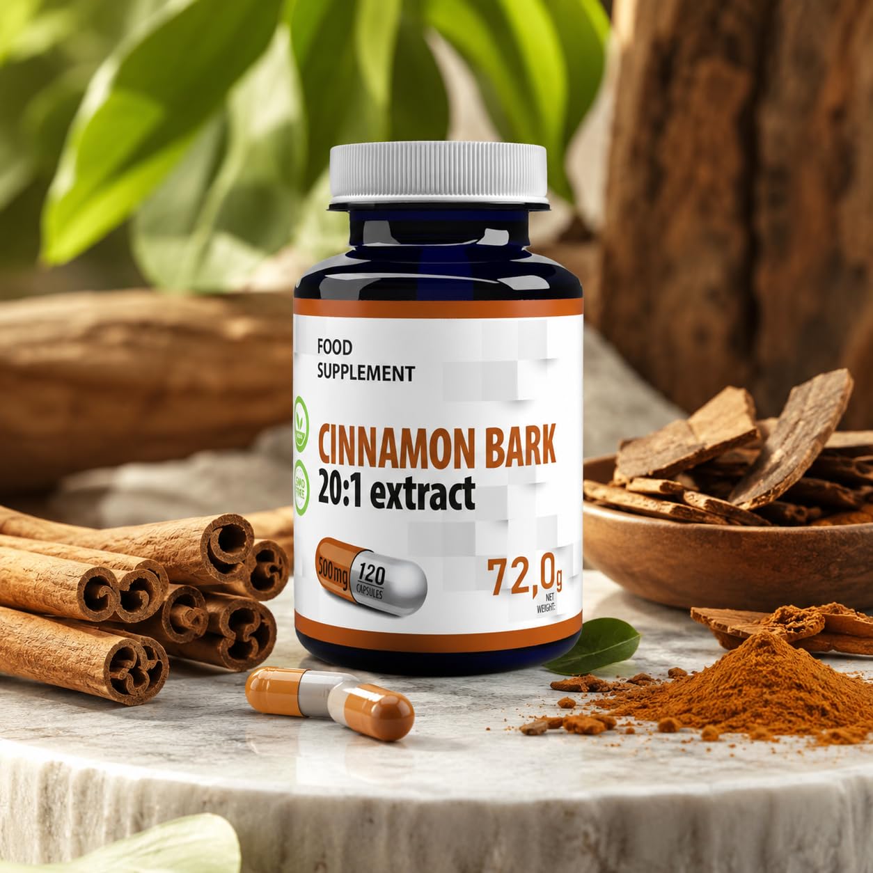 Hepatica Ceylon-Zimt | 10.000 mg Äquivalent | 500 mg 20:1 Zimtrinden-Extrakt hochkonzentriert | 120 vegane Kapseln | Ceylon Cinnamon – Cinnamomum verum | GMP & Laborgeprüft