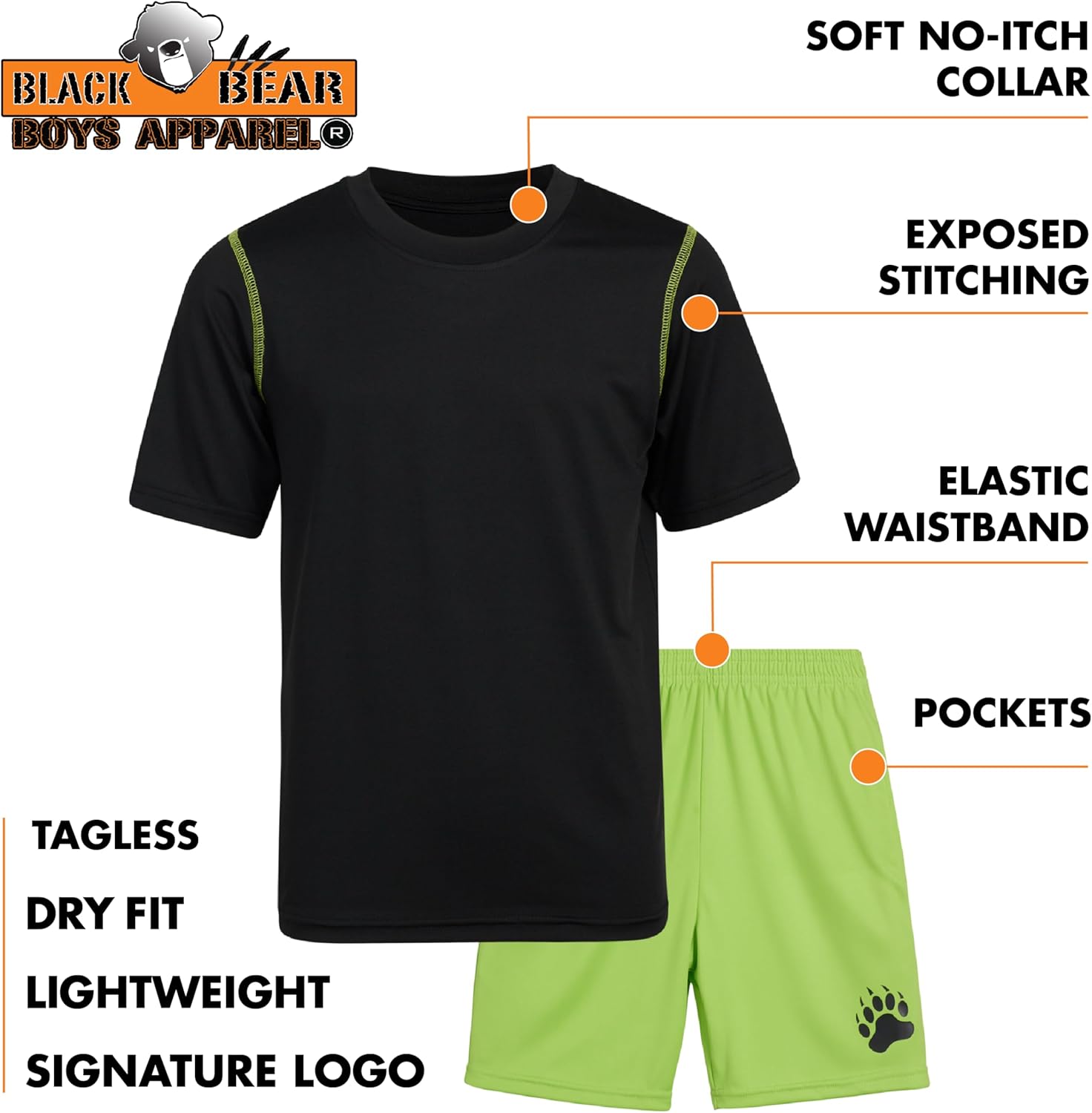 Black Bear Active Boys Short Sets - 2 Piece Performance Crewneck Short Sleeve T-Shirt and Shorts Boys Athletic Sets (8-18) - Image 2