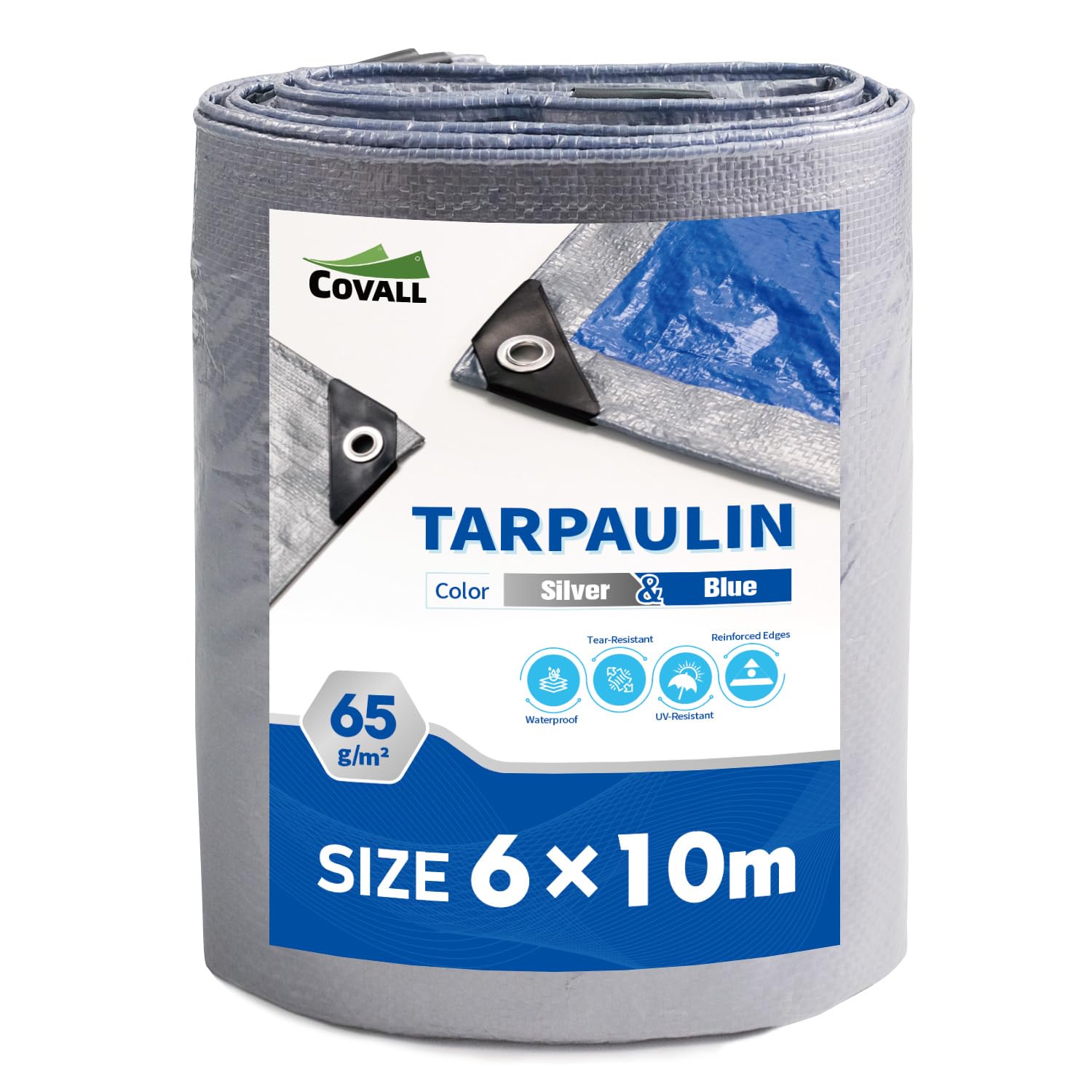 Covall Tarpaulin Light-Duty Tarp Groundsheet Sheet Cover 6x10m Waterproof 65g/m² Silver&Blue tarpaulin with eyelets Weatherproof Windproof UV-Resistant for Car Truck Rv House Tent Boat Pool — image 1