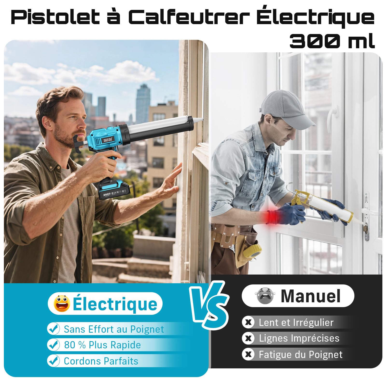 SEESII Pistolet à Cartouche sans Fil 300 ml 2 x 2000 mAh Batteries LED 4 Vitesses