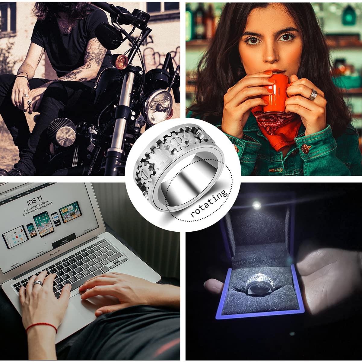 Anneau Spinner pour Le soulagement de l'anxiété des Hommes, Anneau de Rotation d'engrenage mécanique, Anneaux Fidget en Acier Inoxydable pour Adolescents anxieux avec boîte-Cadeau