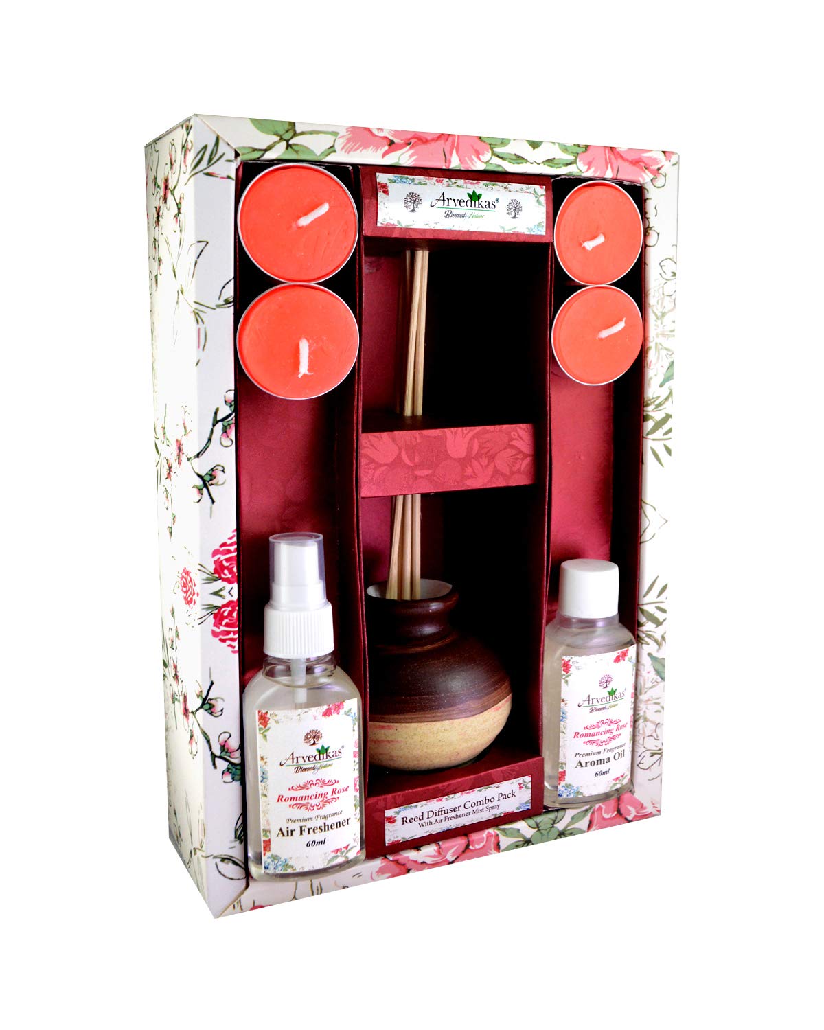 Arvedikas Premium Fragrance Reed Diffuser Set Combo Gift Pack/with Air Freshener Spray/Ceramic Pot/Aroma Oil/T-Light Candles/Festive/Christmas/Diwali Gift Pack (Romancing Rose)