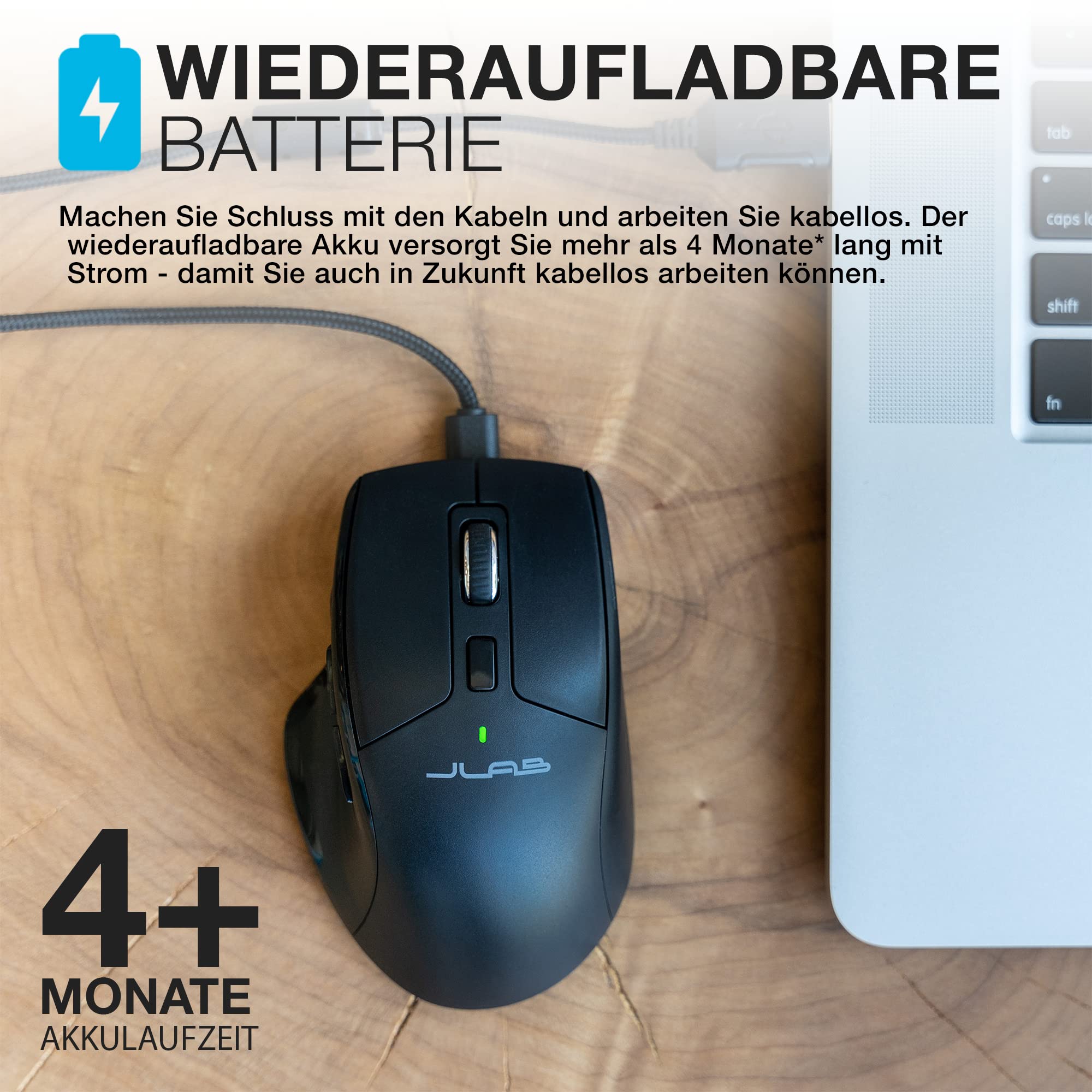 JLab JBuds Maus kabellos - Bluetooth Funkmaus wiederaufladbar, 5,2/2,4Ghz | Wireless Silent Mouse, Tri Mode mit USB-Dongle, Ergonomische Maus für iPad, PC, Computer, Laptop, Tablet
