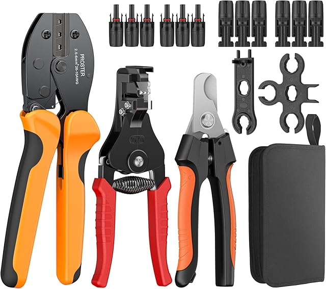 Proster Solar Crimping Tools Set for 2.5-6.0mm² with Wire Stripper Wire Cutter Solar Panel PV Cable 6 Pairs Male Female Solar Panel Cable Connector 1 Pair Solar Connector Wrench PV Crimp Tool