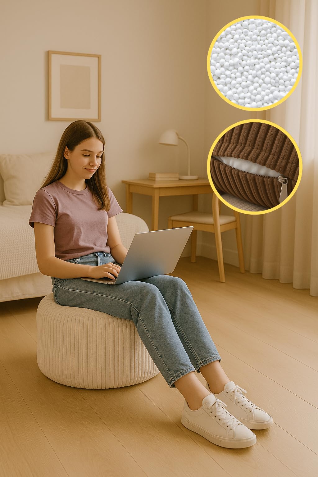 chilly pilley Repose Pieds Pouf De Jeu en Velours Côtelé Tabouret Étanche Housse Amovible avec Rembourrage Eps Coussin De Siège Rond pour Enfants Et Adultes Plusieurs Couleurs Au Choix (Crème)