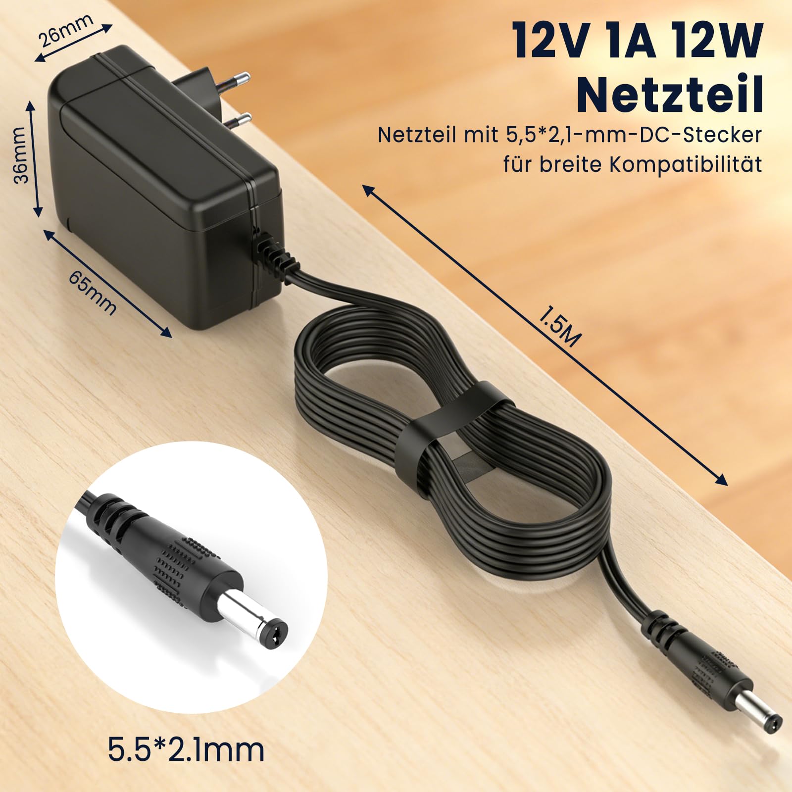 Adapter zasilacza 12 V 1 A do taśm LED, kamer telewizyjnych, monitorów, routerów, TV Box – wtyczka 5,5 mm x 2,1 mm, wysoka wydajność energetyczna, kompatybilny z różnymi urządzeniami