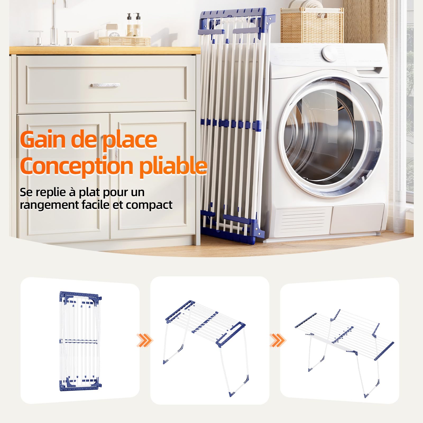 KINGBOARD Étendoir à linge pliable et extensible, étendoir à ailes 57 x 162 x 86 cm, séchoir à linge stable avec pieds antidérapants pour l'intérieur et l'extérieur, blanc