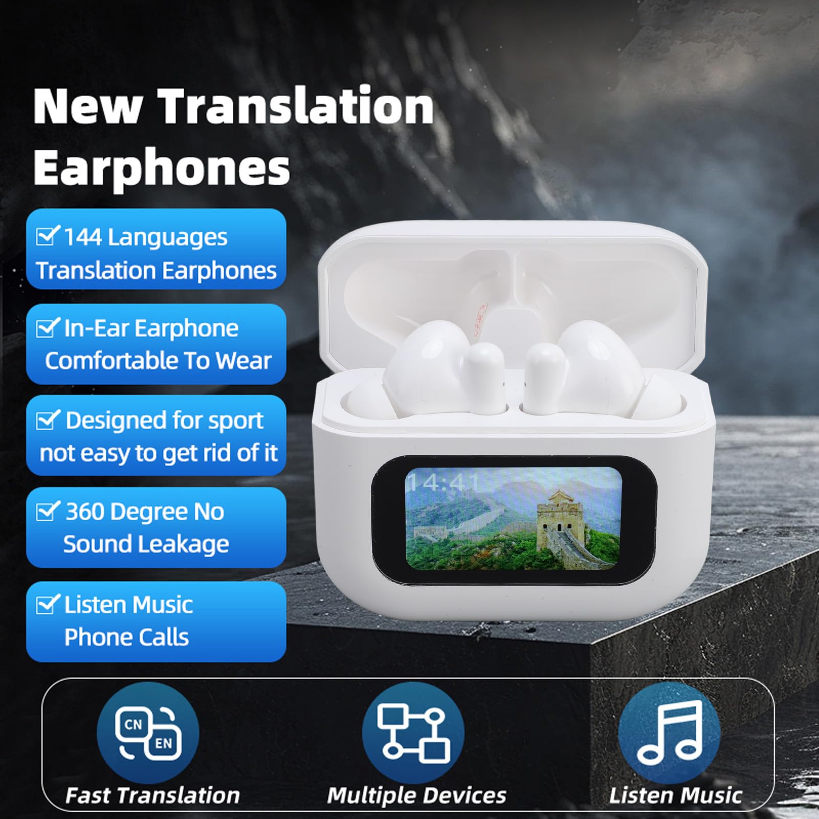 Generic Auricolari per Traduzione in 144 Lingue Cancellazione Efficiente del Rumore Controllo Touch Auricolari per Traduttore Bluetooth 5.4 per, Batteria a Lunga Durata per i Viaggiatori (WHITE)