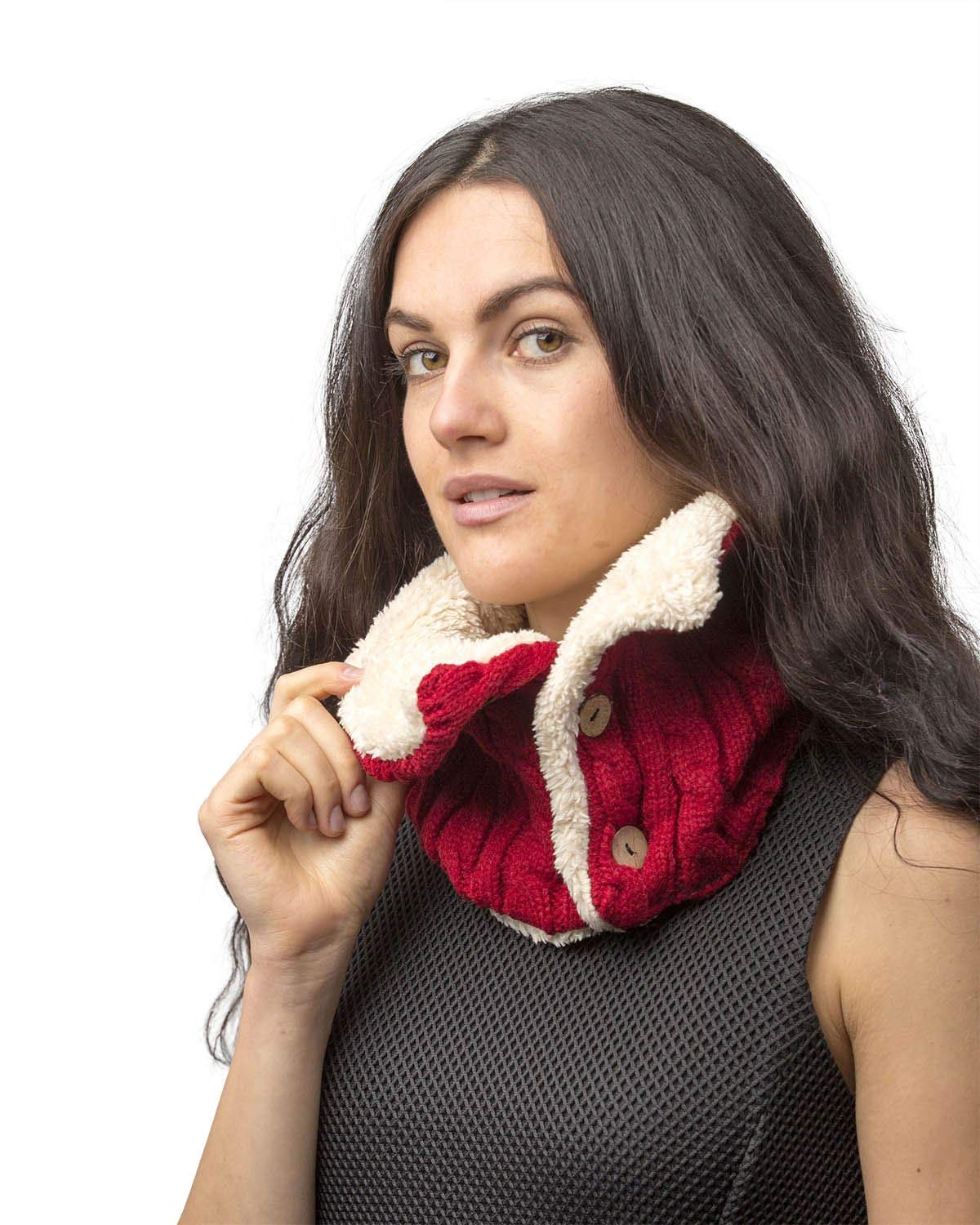 Basic Sense Unisex Plain Infinity Chunky Cable Knit Neck Warmer Snood Button Scarf with Soft Sherpa Fleece inside, Red