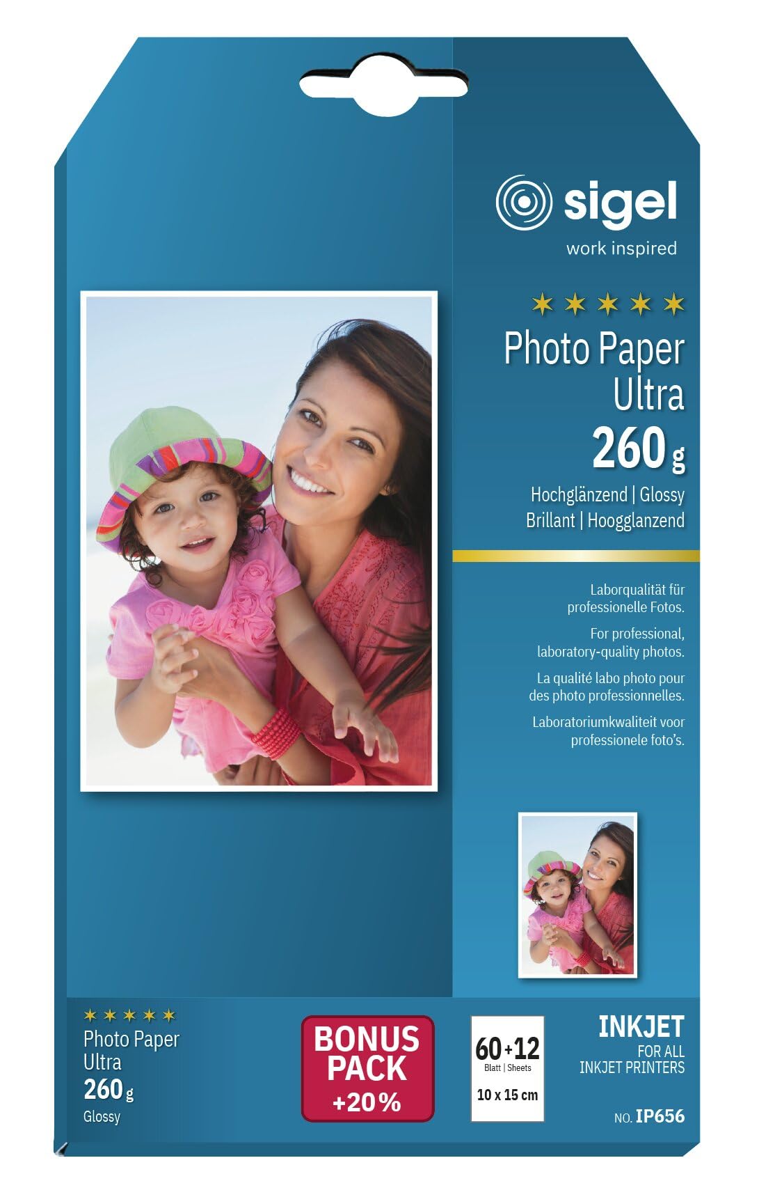 SIGEL IP656 InkJet-Fotopapier Ultra, 10x15 cm, 60 + 12 Blatt gratis, hochglänzend, extrem lichtbeständig, 260 g, für hochwertige Fotografien