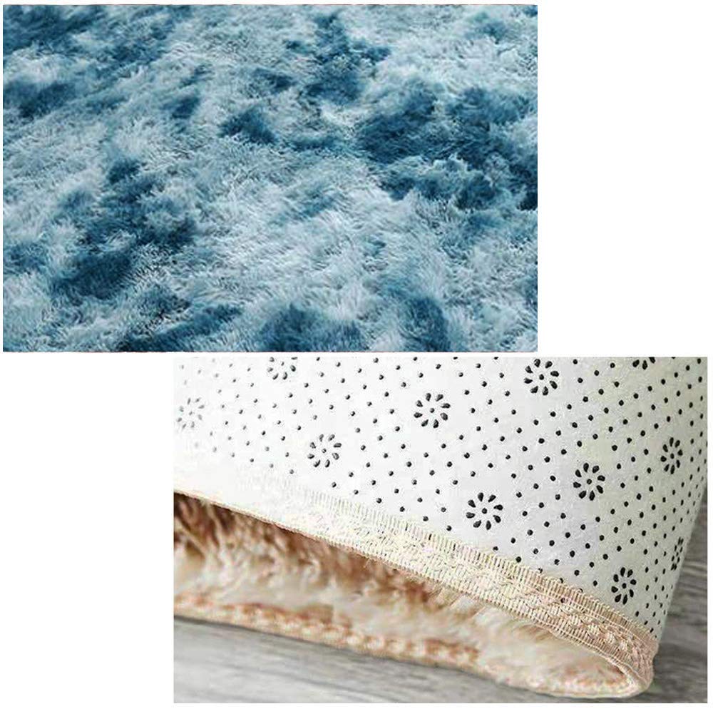 Dhao Tapis Ronde Poils Longs Shaggy Moderne Design Épais Anti Slip Lavable Décor Ultra Doux De Peluche Chambre à Coucher Salon Tapis Décoratif (Bleu,180x180cm)