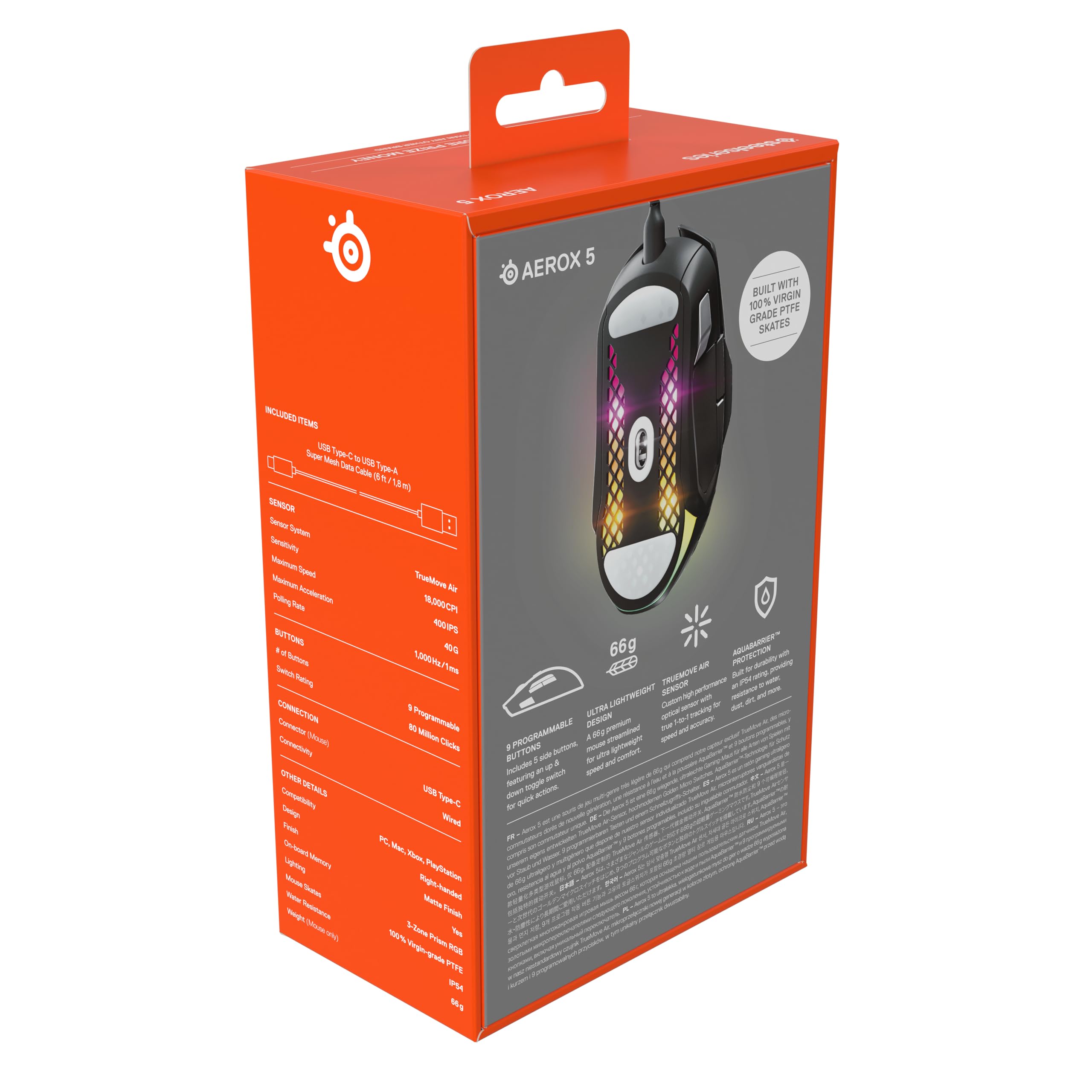 SteelSeries Aerox 5 lekka mysz do gier - 18000 CPI - TrueMove Air Optical Sensor - ultralekka wodoodporna konstrukcja - uniwersalna łączność USB-C