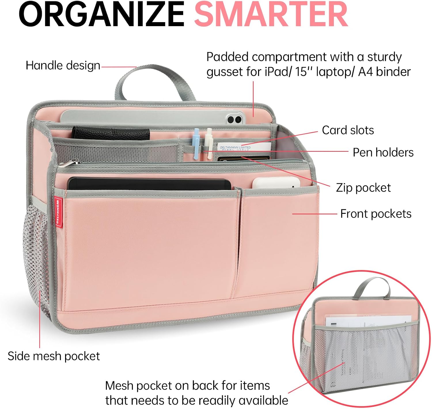 Large Rugged Organizer Insert for Briefcase Tote Shoulder Messenger Bag-20 Pockets,Padded Water-repellent Nylon-Pink image 3