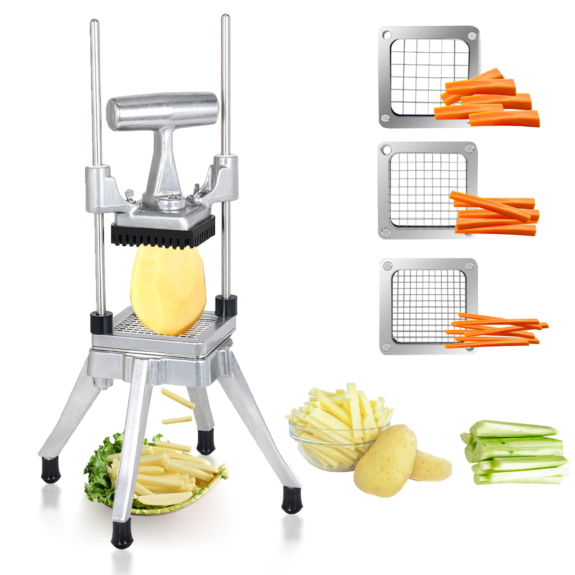 Hakka Commercial Vegetable Chopper French Fry Cutter w/3 Replacement Blades Commercial Onion Slicer Heavy Duty Potato Cutter Carrots Dicer Stainless