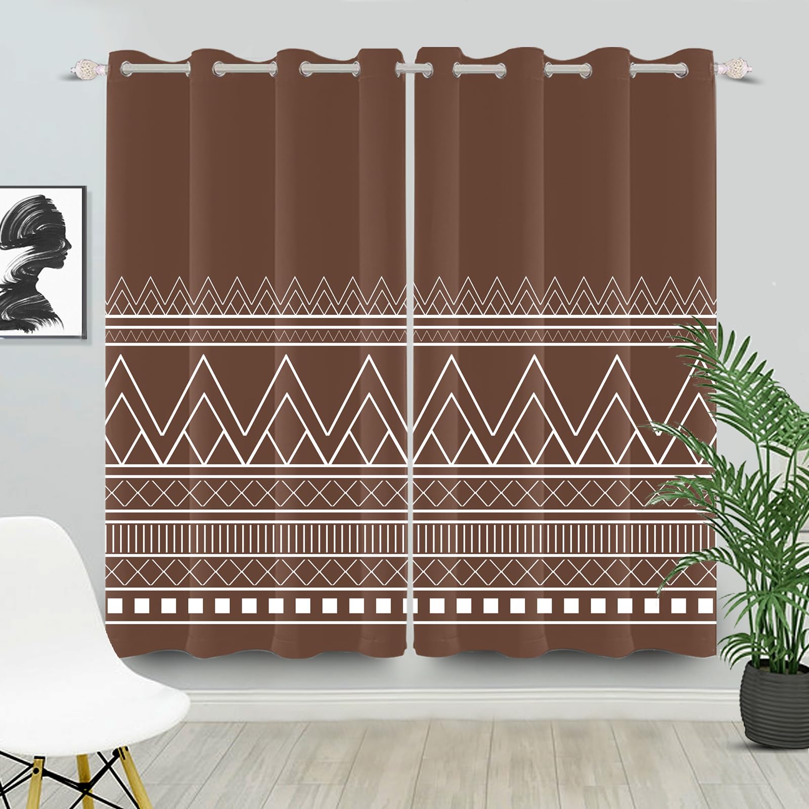 Ruelvth Brown Blackout Curtains, Boho Minimalist White Striped Window Curtains for Living Room Chic Geometric Room Darkening Curtains with Grommets, 42x63 Inch, 2 Panels