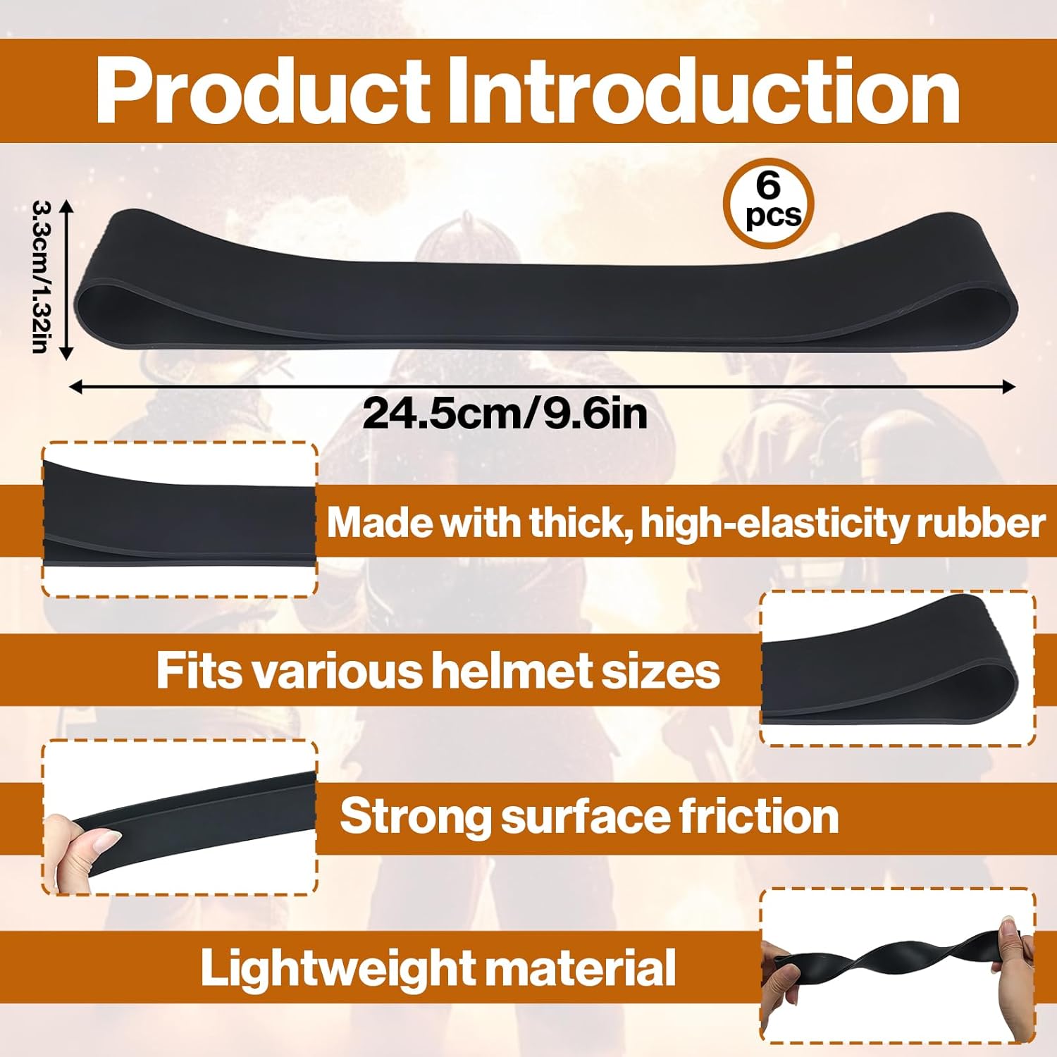 (6-Pack) Firefighter Helmet Bands, Heavy Duty Rubber Helmet Strap – Fits Modern & Traditional Fire Helmets & Hard Hats – Non-Slip, Heat & Weather Resistant, Holds Flashlight, Wedge, Gloves, Black
