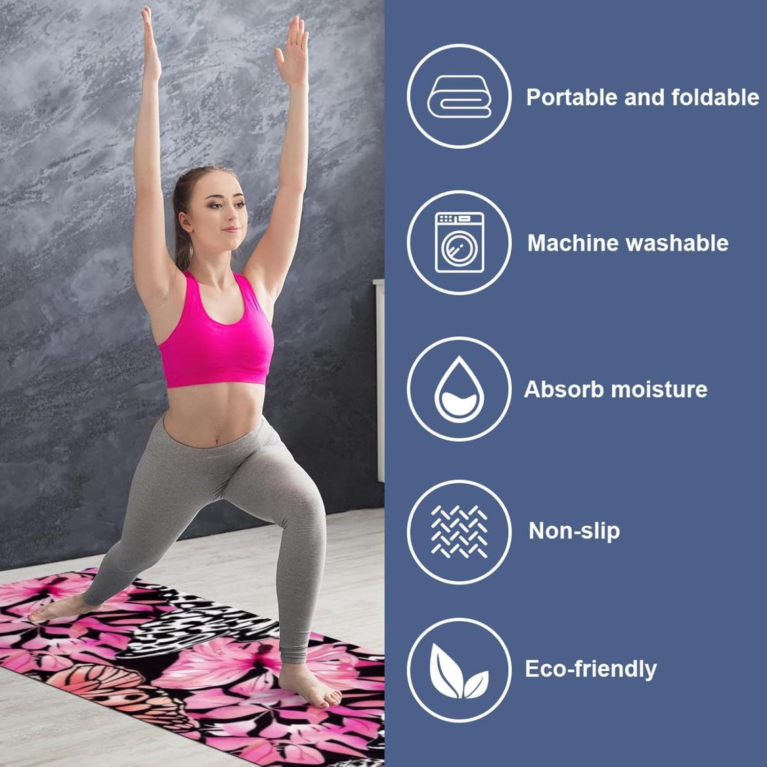 Yoga Towel, Leopard Butterfly Pink Pattern Non Slip Sweat Absorbent Hot Yoga Mat Towel for Hot Yoga, Pilates and Fitness - 72.8" x 26.8"