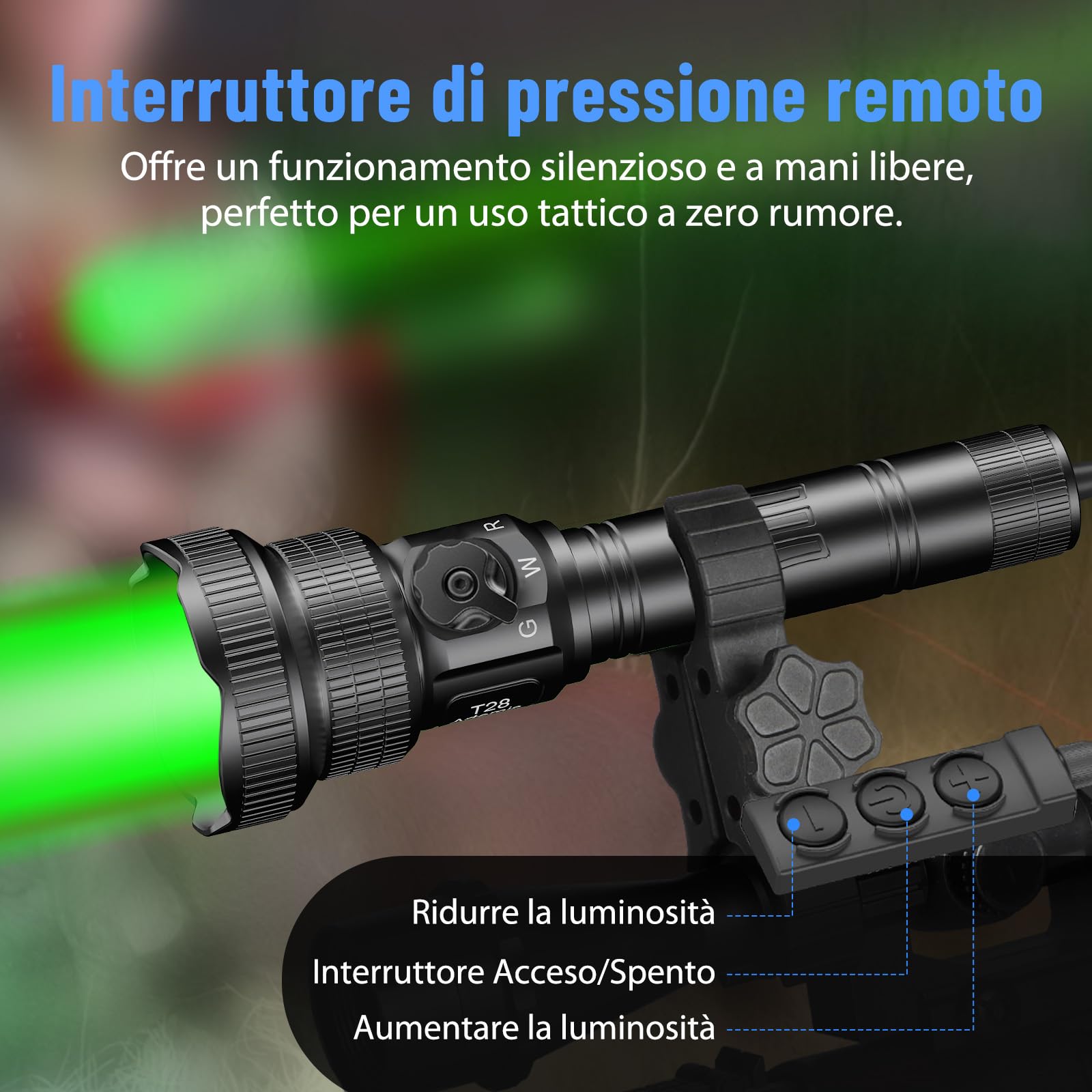 Brinyte T28 Torcia Led Zoom 3-In-1 Rosso Bianco Verde Outdoor | Regolatore Continuo, Interruttore Rotativo, Lunga Gittata,Torcia Tattica, Interr Remoto, Due Supporti, Esterno, Escursionismo