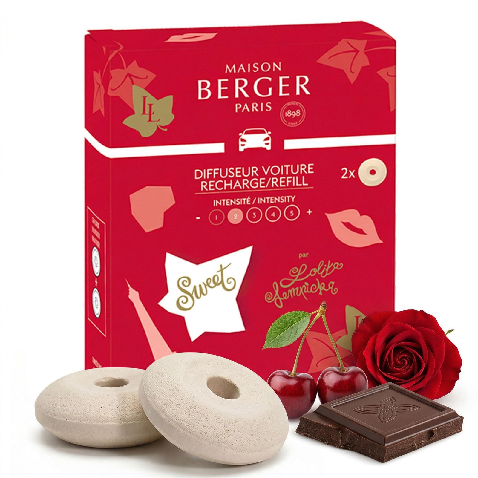 Maison Berger Lolita Lempicka Sweet Luxury Car Diffuser Refill Set – Pack Of 2 Ceramic Refills, 4-6 Week Passive Diffusion, Made In France