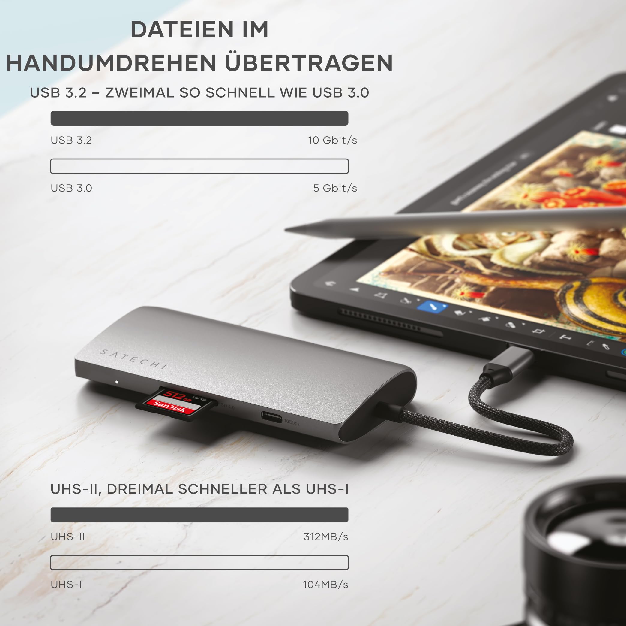 SATECHI 8-in-1 USB-C Hub, HDMI 8K@30 Hz, Space Grau | 85-W-PD, Ethernet, 4 USB-C Anschlüsse mit 10 Gbit/s und UHS-II-SD-Kartenleser
