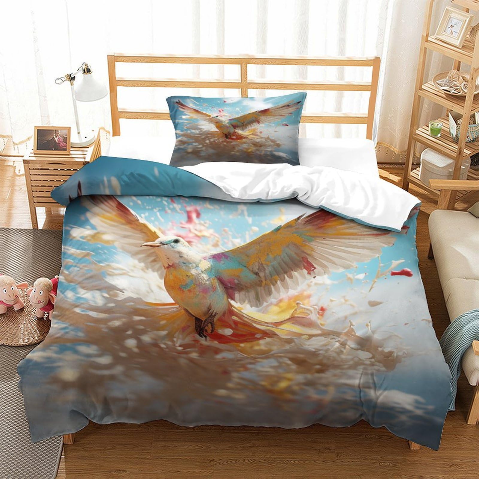 P1S9U7W5Y Artistic Bird Design 3D Printed Microfiber 3 Piece Duvet Cover Set for Adults Soft Breathable Bedroom Decor Bird Theme Bedding Set Single（135x200cm）