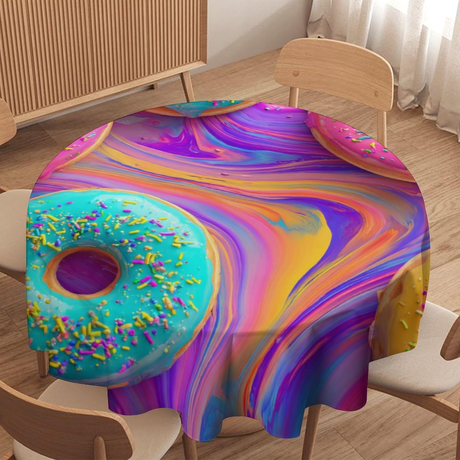 LUYYSKY Classic Fantasy Colorful Donut Waterproof Round Tablecloth Retro Oil Painting Sweets Food Theme Donuts Pattern Washable Table Cover for Kitchen-177.8" Wx177.8 L cm