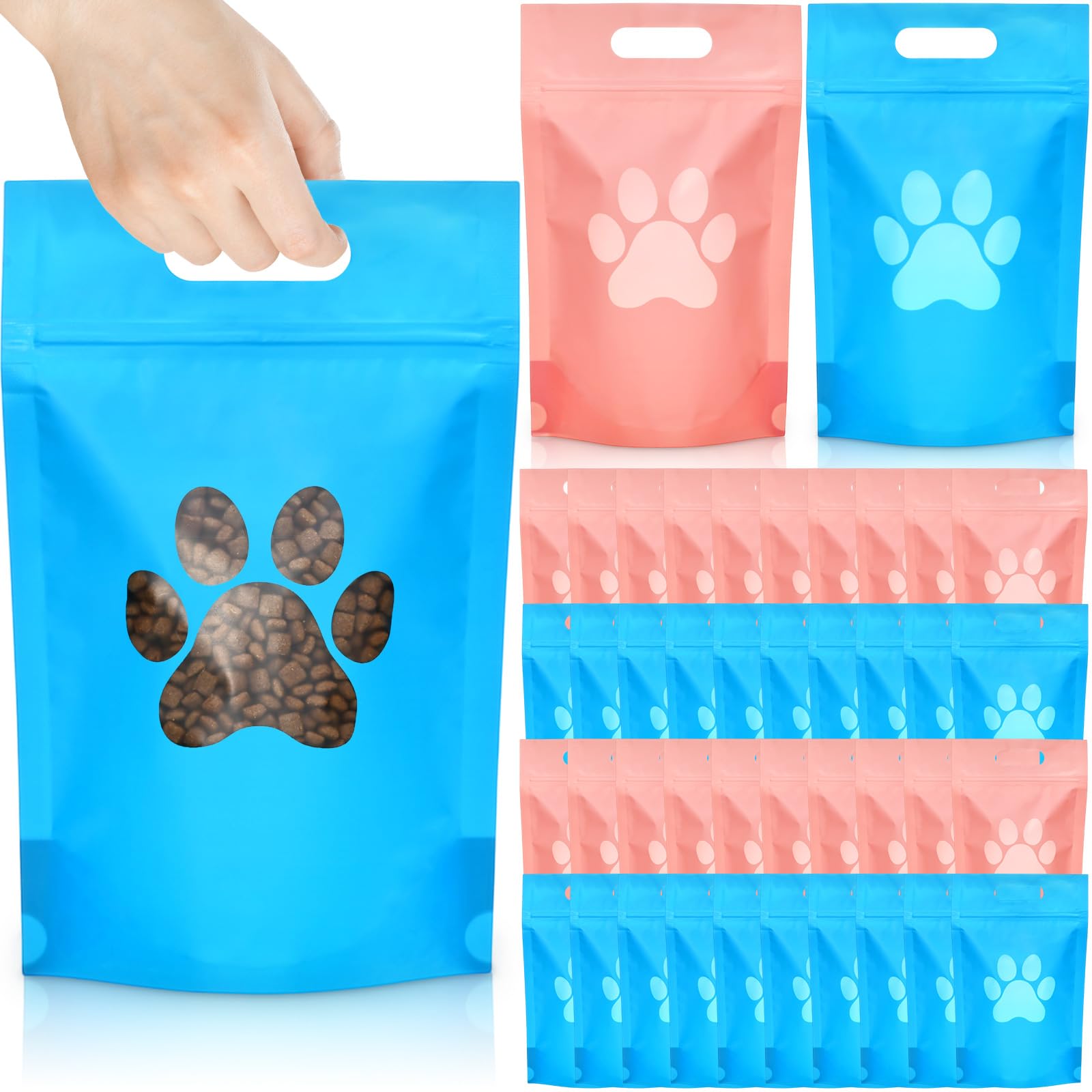 Gersoniel 100 Pcs Paw Dog Treat Bags Gift Bags with Window Resealable Stand up Plastic Zipper Pouches for Canine Delights or Dog Party Supplies, Blue and Pink