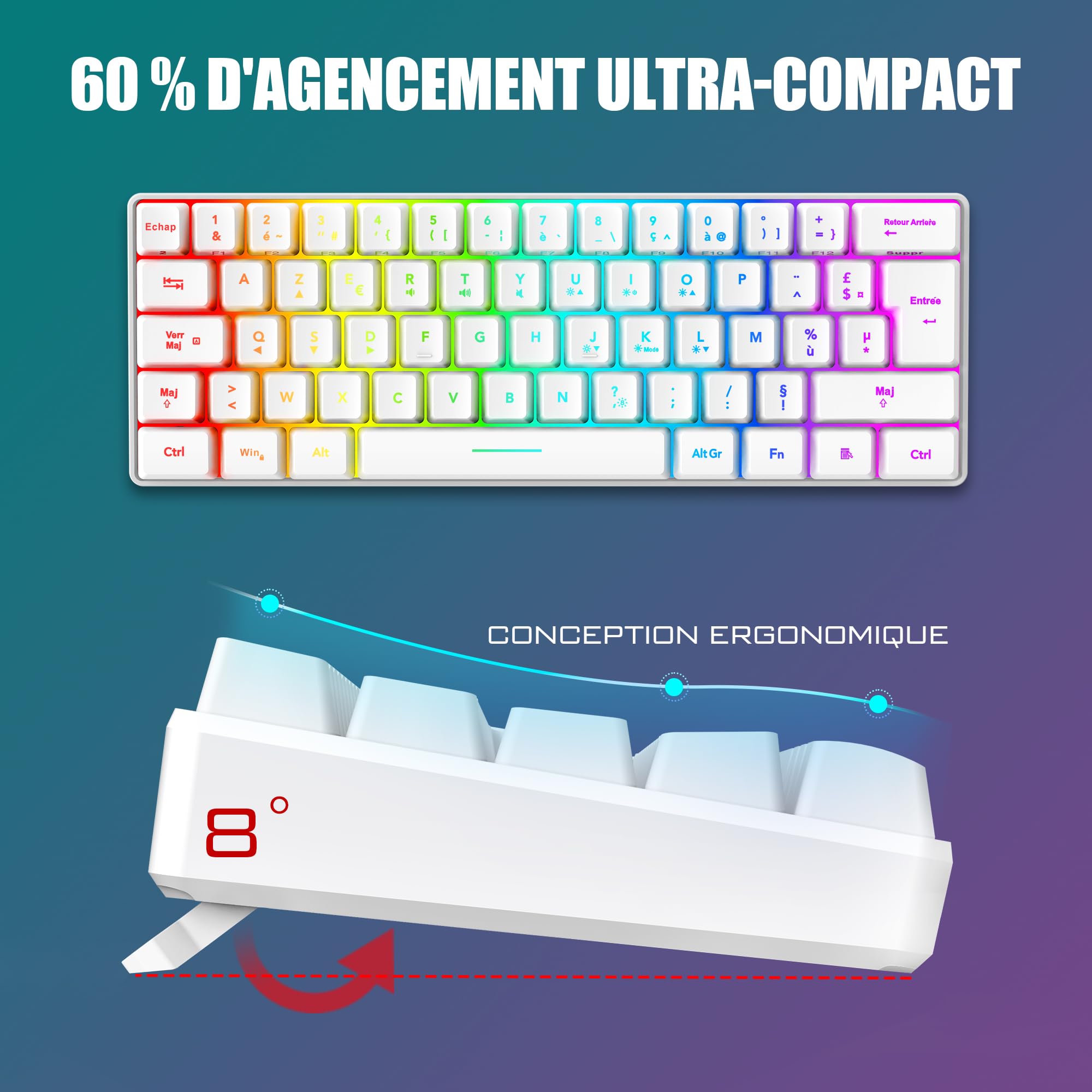 RedThunder 60% Set di tastiera e mouse 2 in 1 Gamer, AZERTY FRANCESE, Mini tastiera ultra-compatta retroilluminata RGB 62 tasti, mouse leggero 6 pulsanti 7200 DPI per PC Mac PS5 Xbox (bianco)
