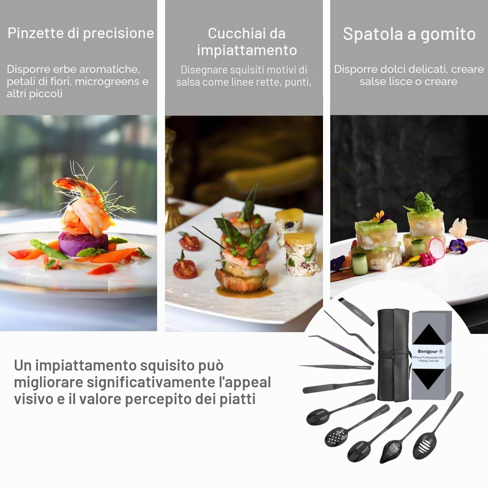 Set da cucina con 11 utensili professionali per placcatura, utensili da cucina per placcatura, modernista, in acciaio inox, nero (nero)