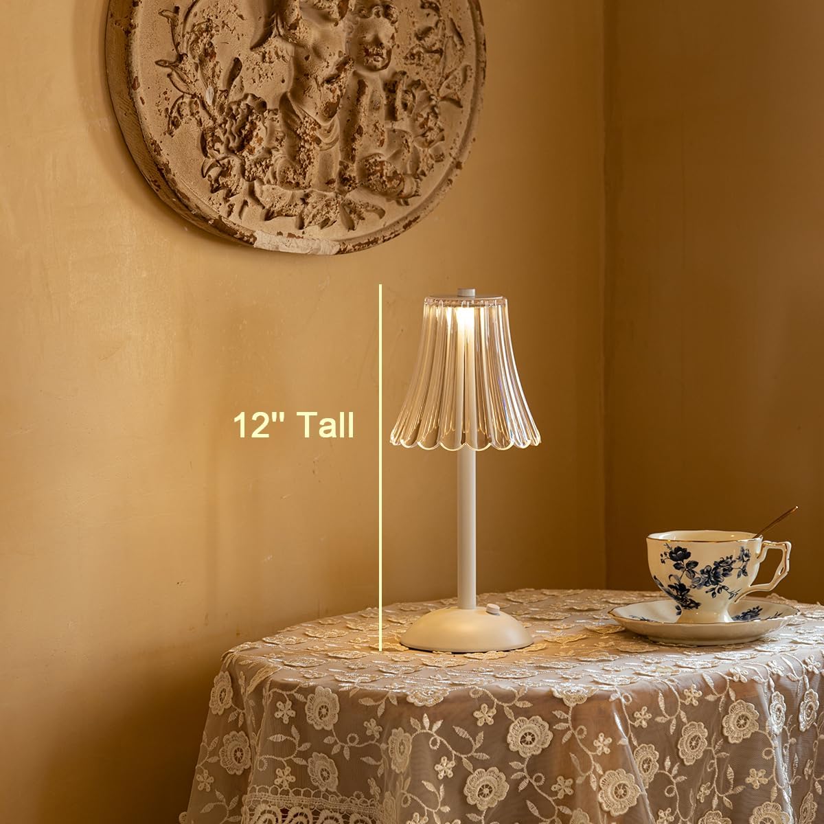 HEQET Cordless Table Lamps for Home,Table,Dining Room, Gold Rechargeable Lamps, USB Charge 12'' Tall LED Brass Portable Outdoor Indoor Table Lamp with Built-in Dimmer (Flower-White)