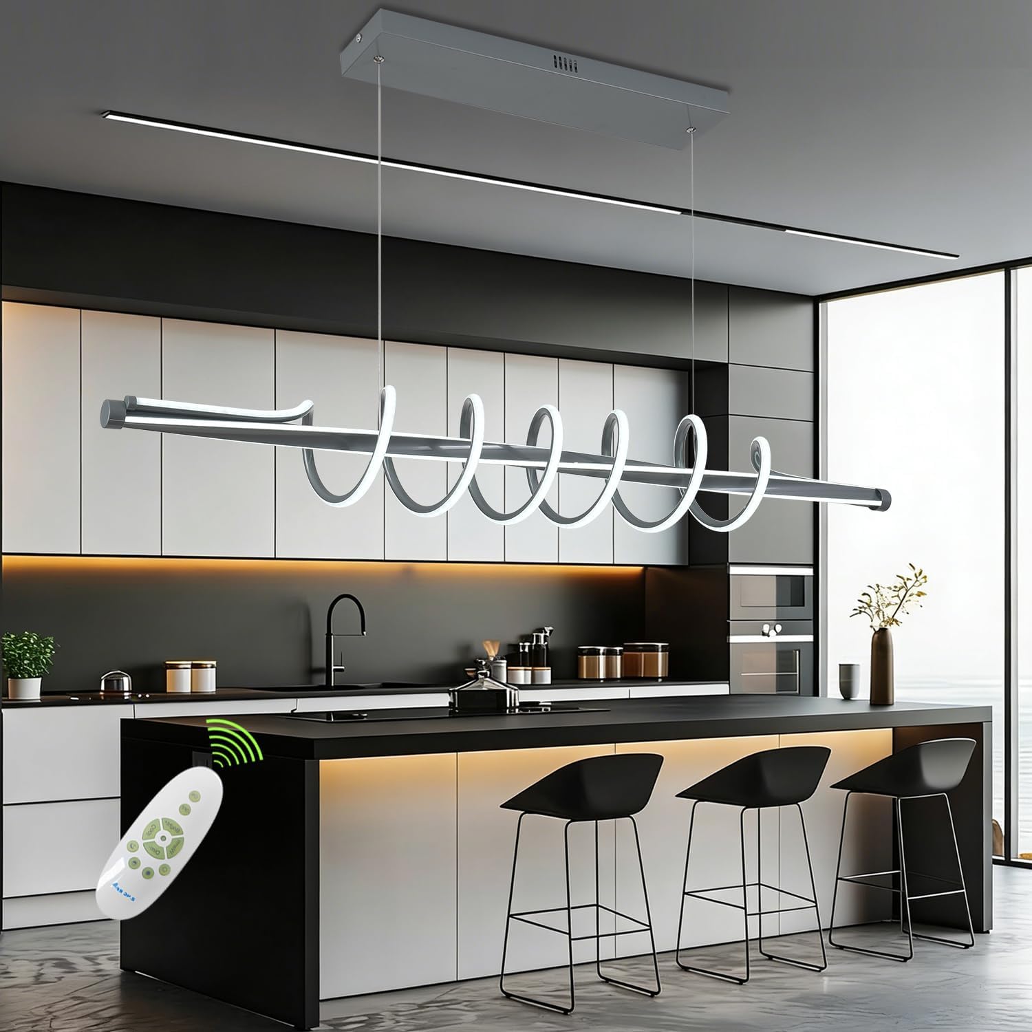 Led Pendant Lights for Kitchen Island,Modern Led Pendant Light Fixture, Dimmable Adjustable Height Music Note Shape Hanging Lamp with Remote White Modern Led Ceiling Light Fixture