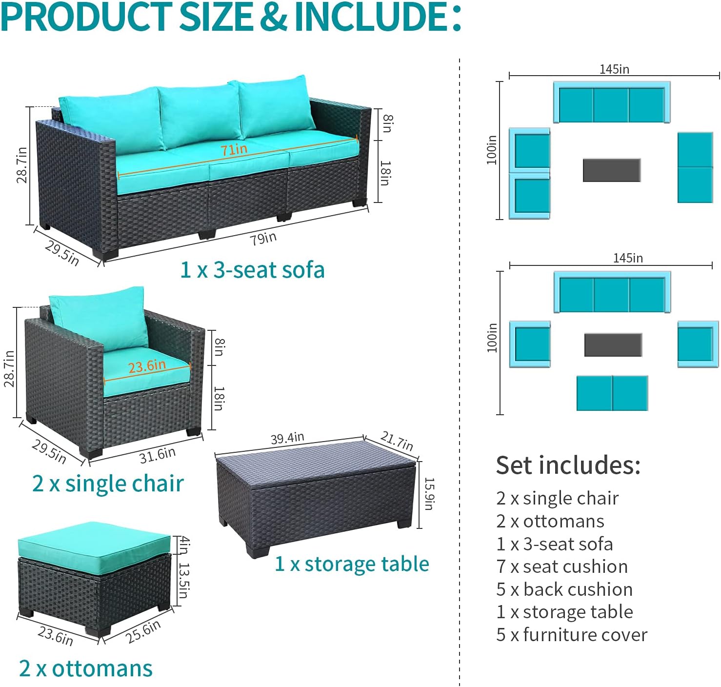 Rattaner Patio Wicker Furniture Set 6 Pieces Outdoor PE Rattan Conversation Couch Sectional Chair Sofa Set with Turquoise Cushion. : Patio, Lawn & Garden