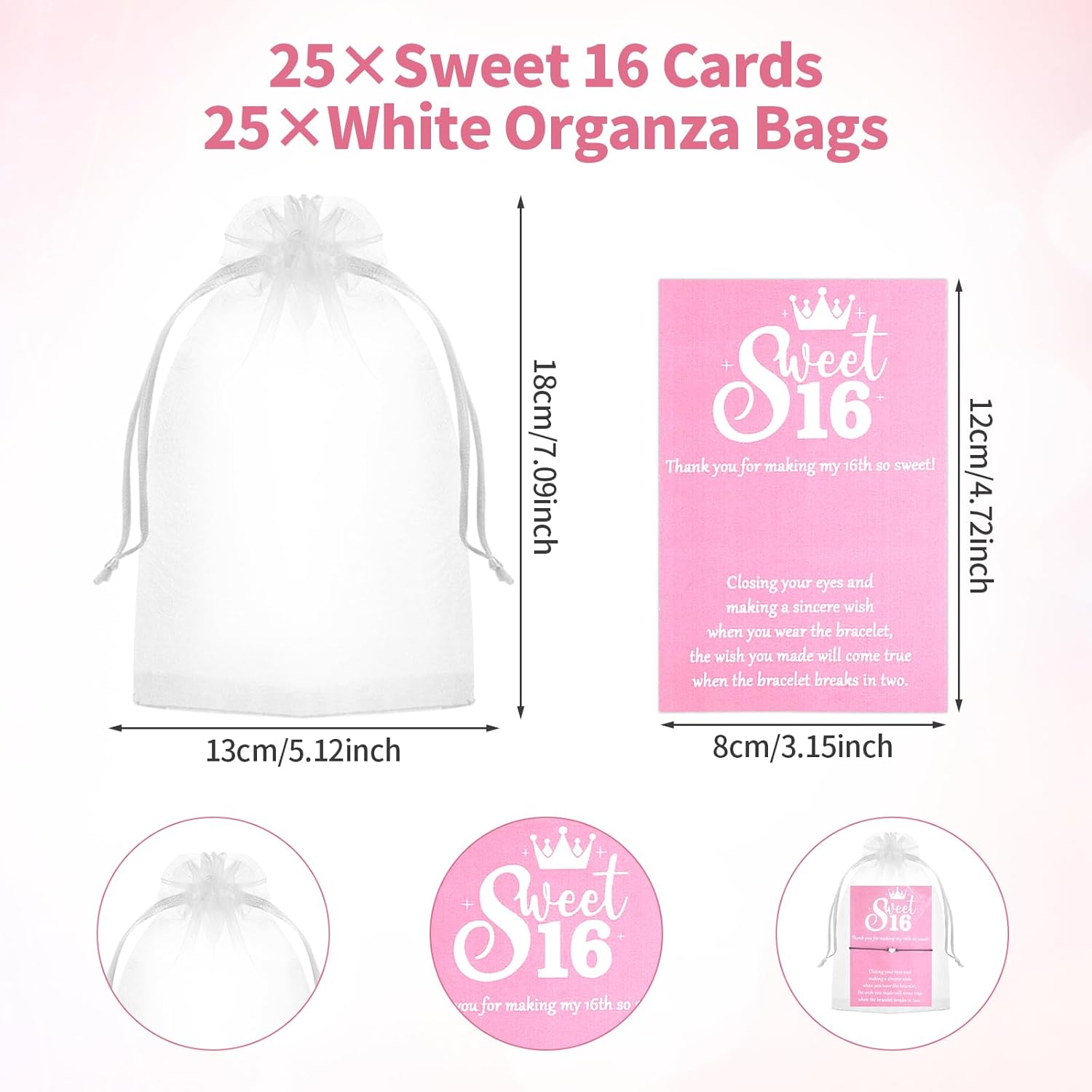 Sweet 16 Party Favors for Guests 25 Set Adjustable Charm Bracelets Bulk with Thank You Cards Sweet Party Decorations Birthday Gifts for 16th Birthday Decorations - Image 3