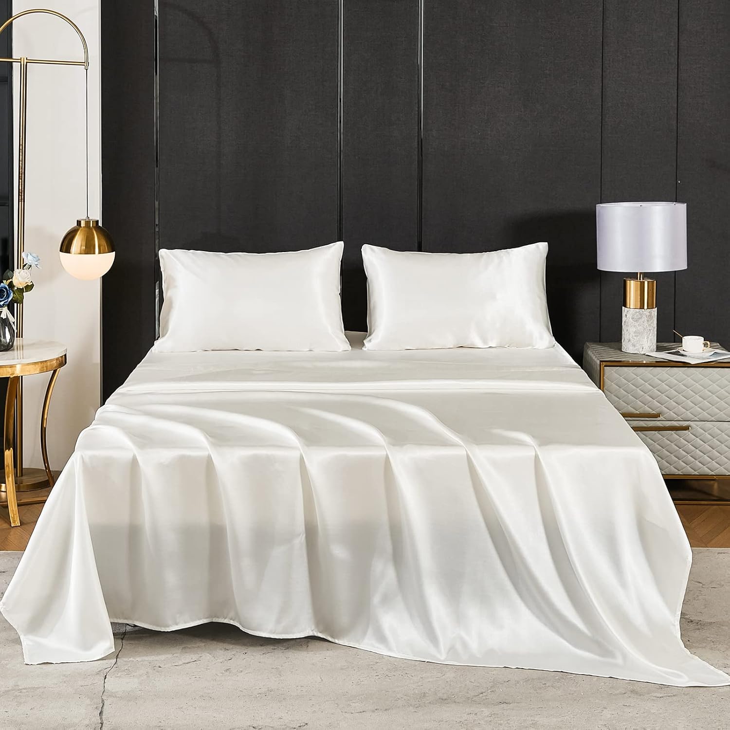 Satin Sheet Set Full Size, Silk Like White Bedding Sheet, Luxury Silky Bed Sheet Set