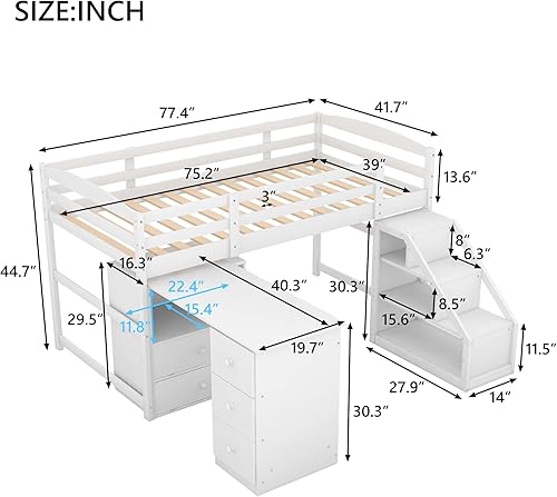 Miniatura 2 de JIVOIT Cama baja con escritorio integrado y escalera de almacenamiento cama alta de tamaño individual con cajones y estanterías marco de cama de