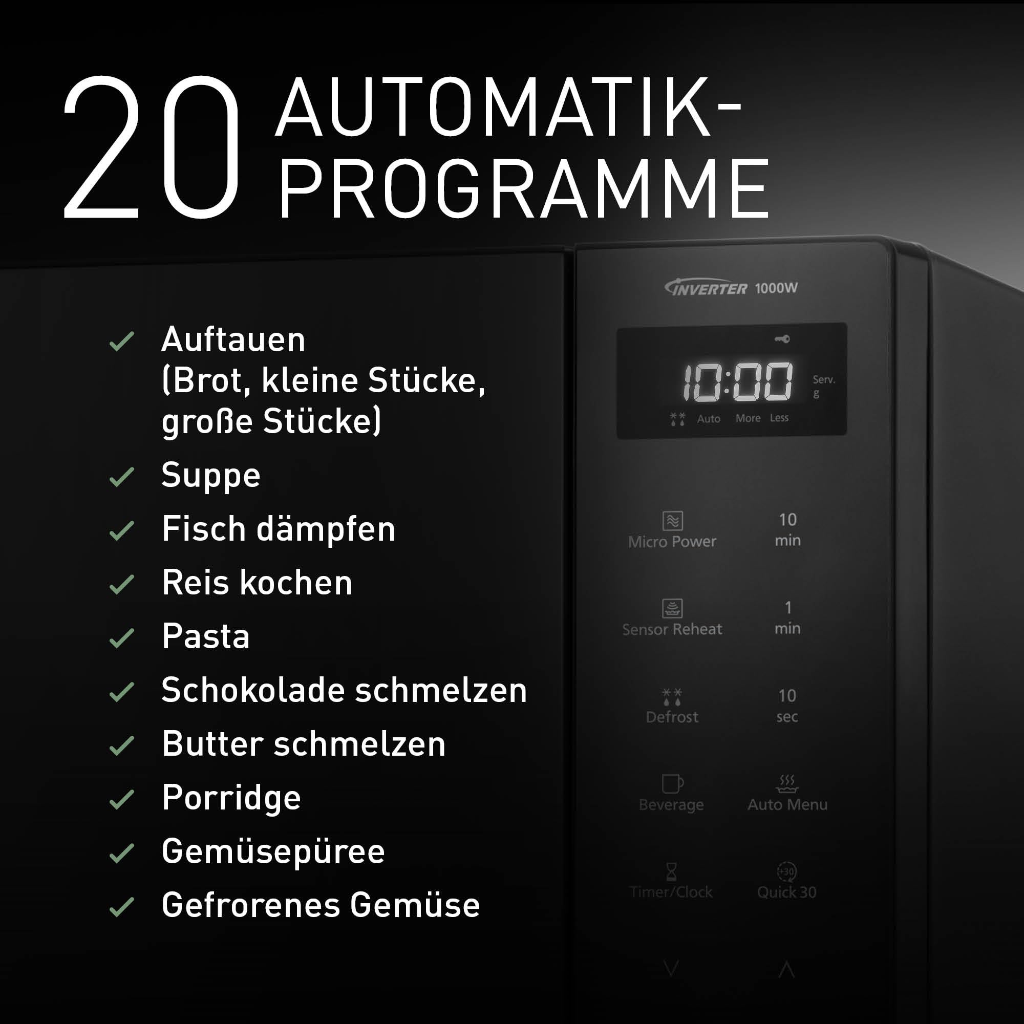 Panasonic NN-ST65QBEPG 32L Inverter Solo Mikrowelle, 1000 Watt Leistung, Genius Sensor Technologie, 20 Automatikprogramme, Quick 30 Funktion, Touch-Bedienung, Großer Drehteller, Schwarz
