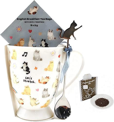 Cute Cat Mug Birthday Gift for Women Crazy Cat Lady Porcelain Coffee Mugs and English Breakfast Tea Set and Spoon Reusable Animal Ceramic Cup as Gift for Her
