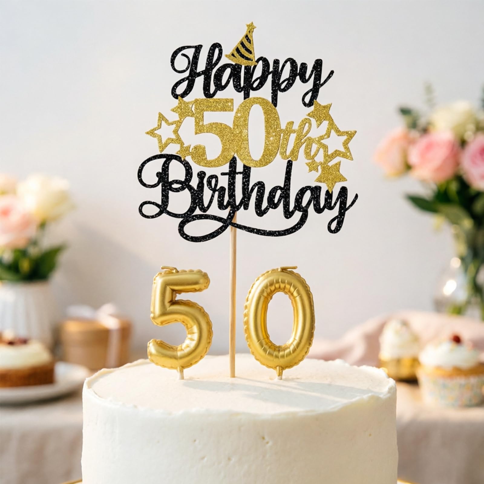 50th Birthday Decorations - Golden Number 50 Candles with 'Happy 50th Birthday' Star Topper, Non-Drip Reusable Cake Decor for Adult Party, Anniversary Celebration