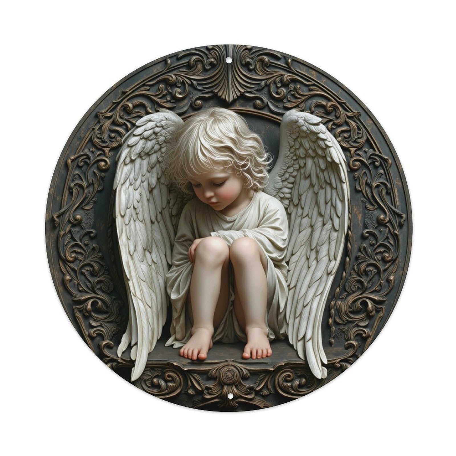 Angel Child With Wings Sitting Round Tin Sign Vintage Metal Poster, Home Bar Garage Man Cave Cafe Indoor & Outdoor Wall Decoration 8x8Inches