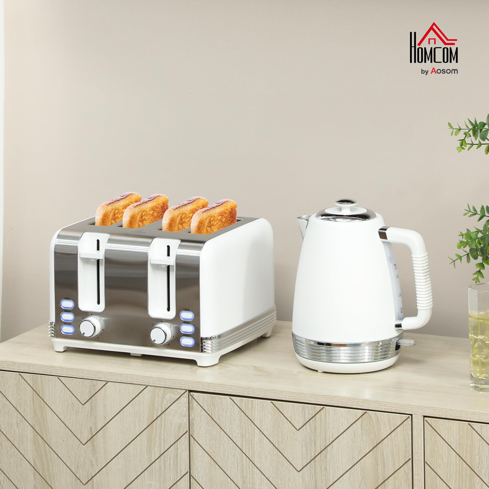 HOMCOM Ensemble bouilloire et grille-pain en inox 2200 W 1,7 L avec grille-pain 4 tranches, chauffage rapide, 7 niveaux de brunissage, thermostat Strix, filtre anti-calcaire, plateau à miettes, blanc