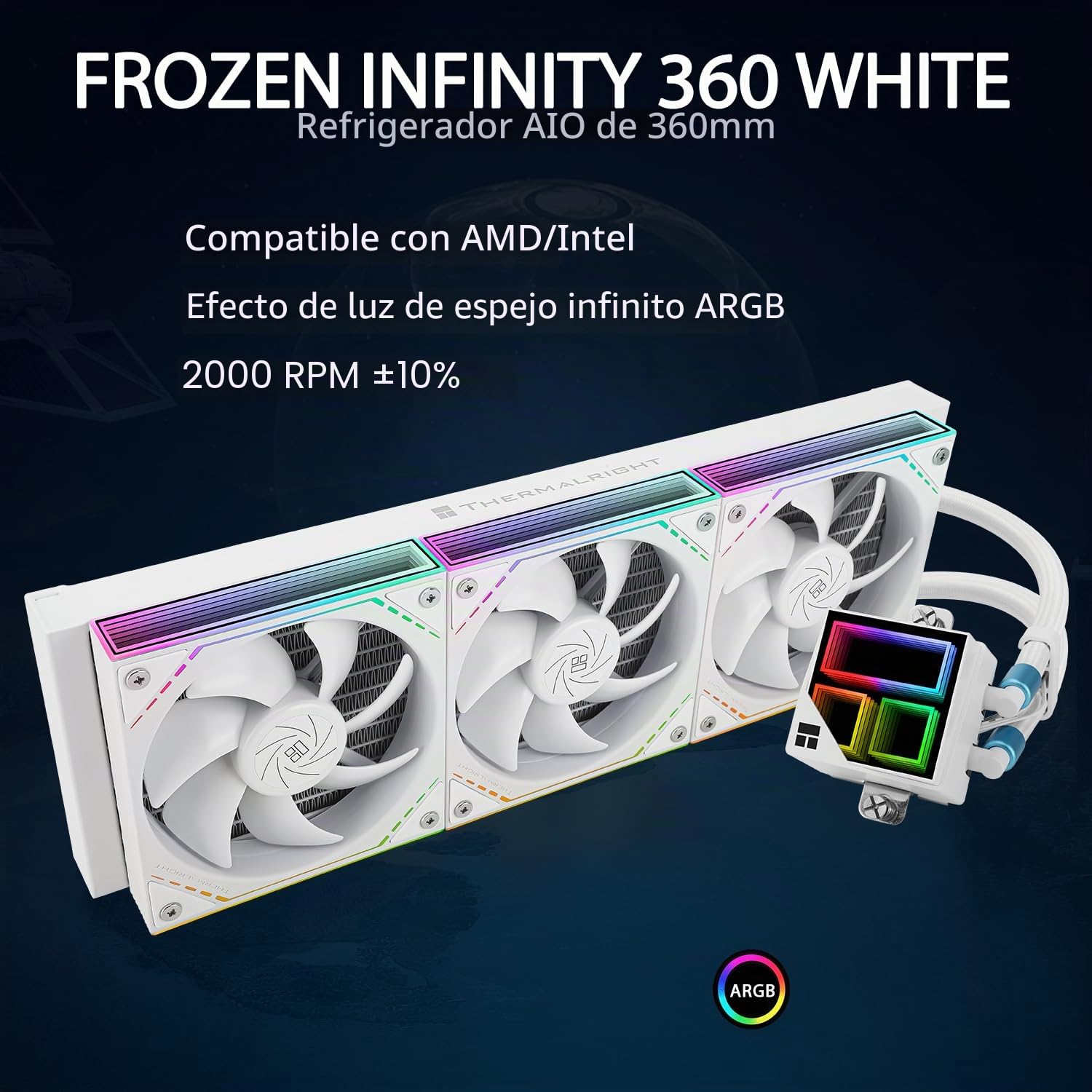 TR-Thermalright Frozen Infinity 360 Blanco Líquido CPU Kühler, 360mm Aio Kühler-Infinity Espejo Efecto de Luz, 2000RPM, para AM4/AM5, Intel LGA1851/1700/1150/1151