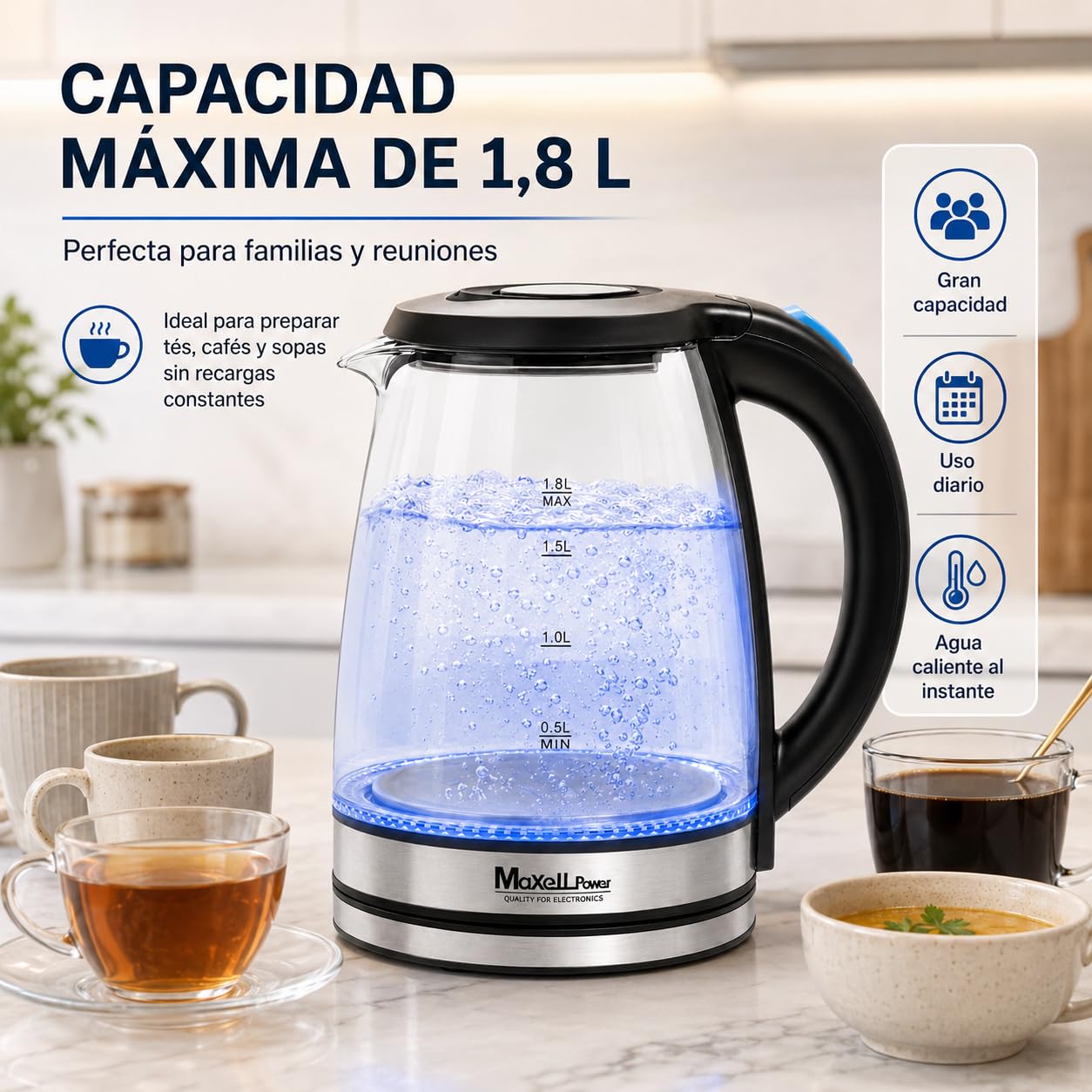 MAXELLPOWER HERVIDOR DE AGUA HERVIDORA ELECTRICA CAPACIDAD VIDRIO CRISTAL TEMPLADO 1500W LED FUNCIONAMIENTO APAGADO AUTOMATICO ACERO INOXIDABLE RESISTENCIA OCULTA DISPONIBLE 2 TAMAÑOS (1,8L)