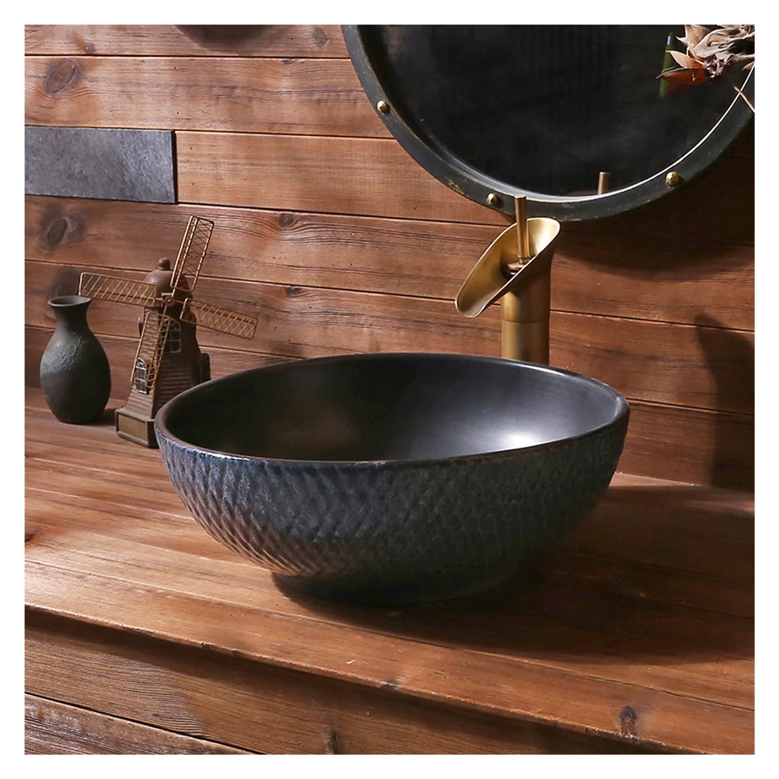 WOTZOV Round Bathroom Vessel Sink,Above Counter Ceramic Art Basin Bowl With Faucet And Pop Up Drain,