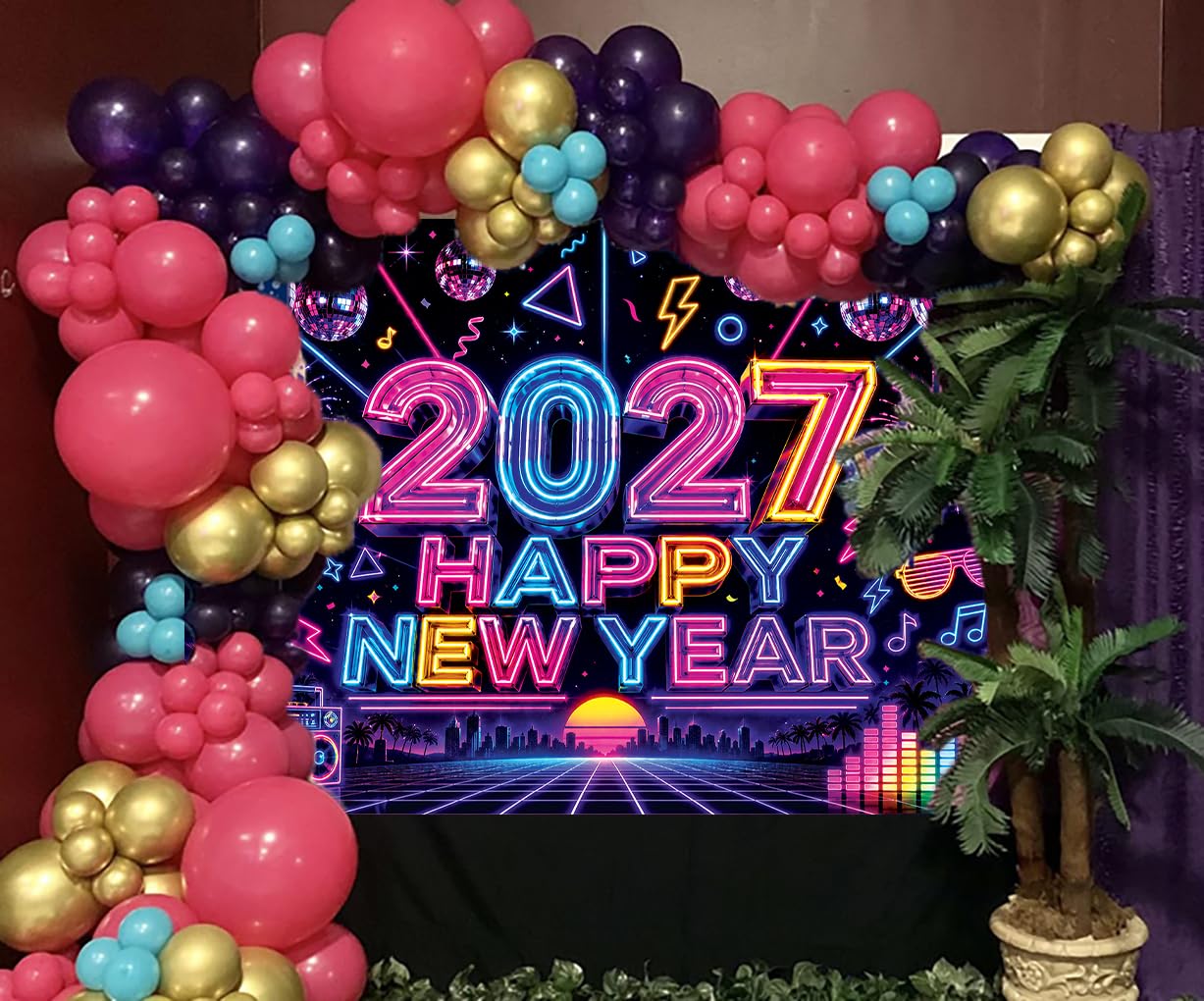 Neon 2027 Felice Anno Nuovo Fondale 20 x 1,8 m Retro 80s 90s Disco Ball NYE sfondo