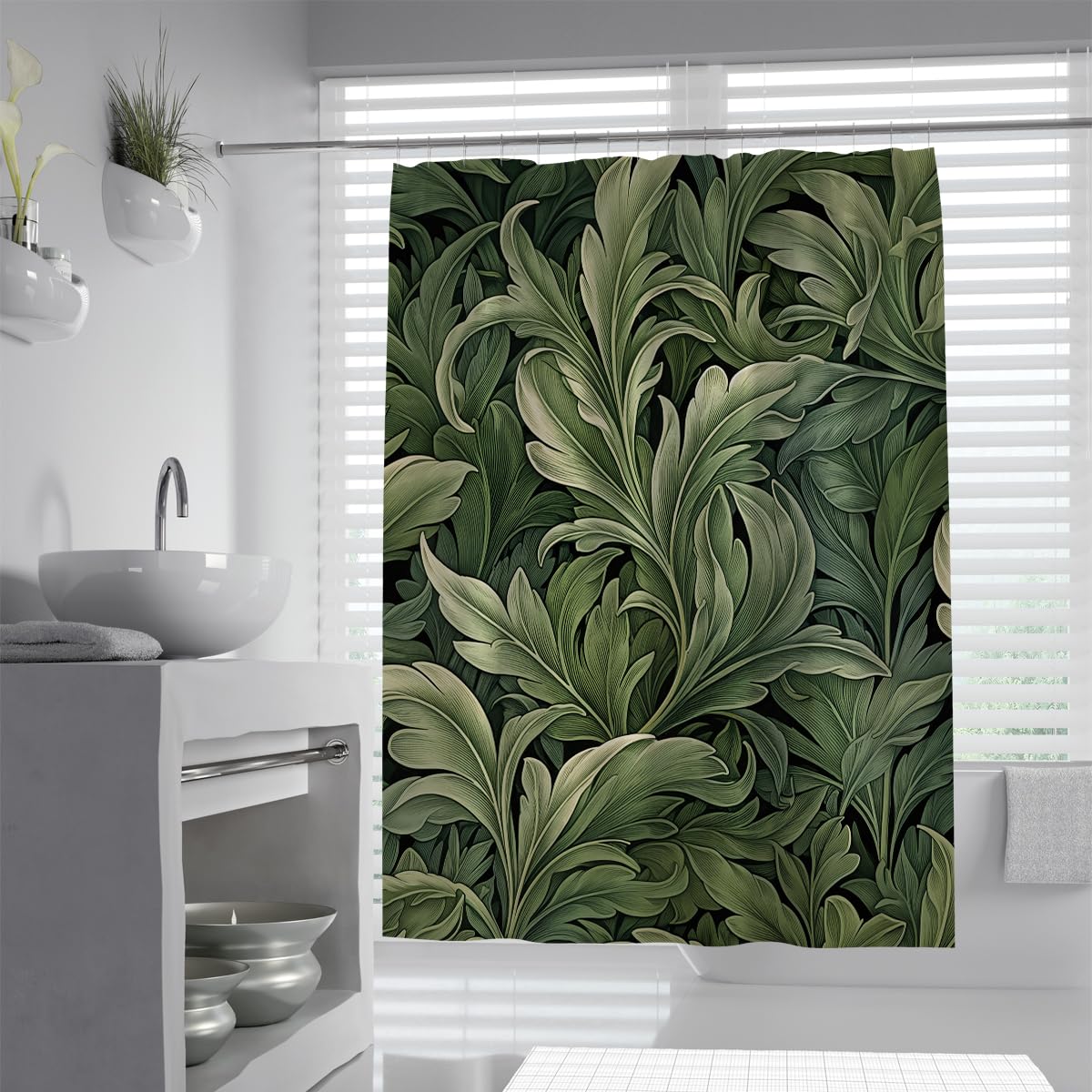 OLLIAR Home Tropical Forest Shower Curtain 180x180 Dark Green Jungle Plant Acanthus Leaf Bathroom Decor Polyester Fabric Waterproof Bath Curtain with Hooks