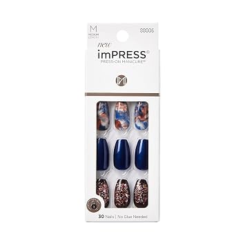 imPRESS Press-On Manicure Fake Nails, Indigo Autumn - Medium Length, Coffin Shape, Polish-Free Glitter Mani, Includes Prep Pad, Mini File, Manicure Stick, and 30 Fake Nails