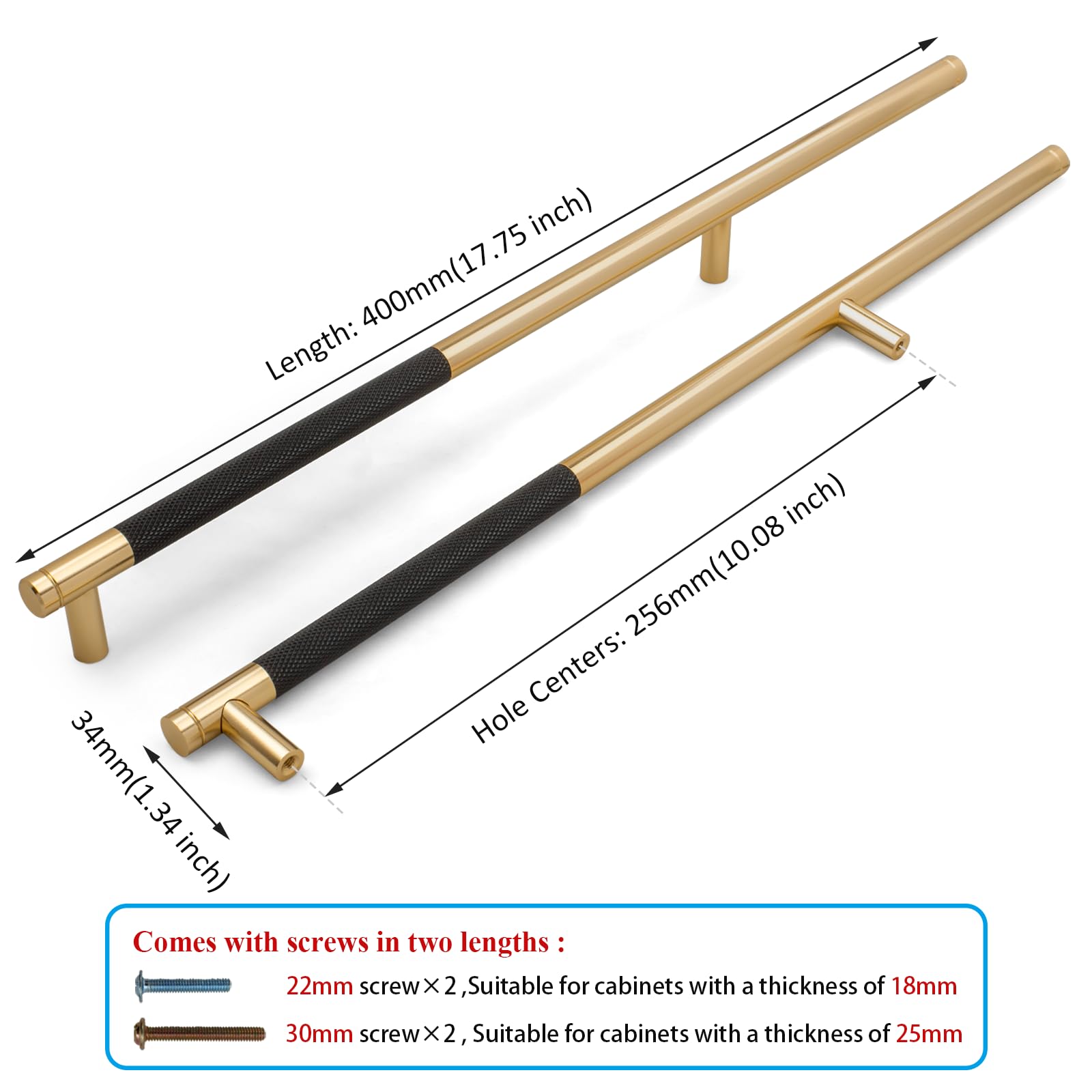 2 Tiradores para Muebles Modernos Dorados Distancia de Perforación 256mm Tirador de Cajón con Tornillos Para Armario de Cocina, Armoire, Librería, Tocador (Negro Dorado)